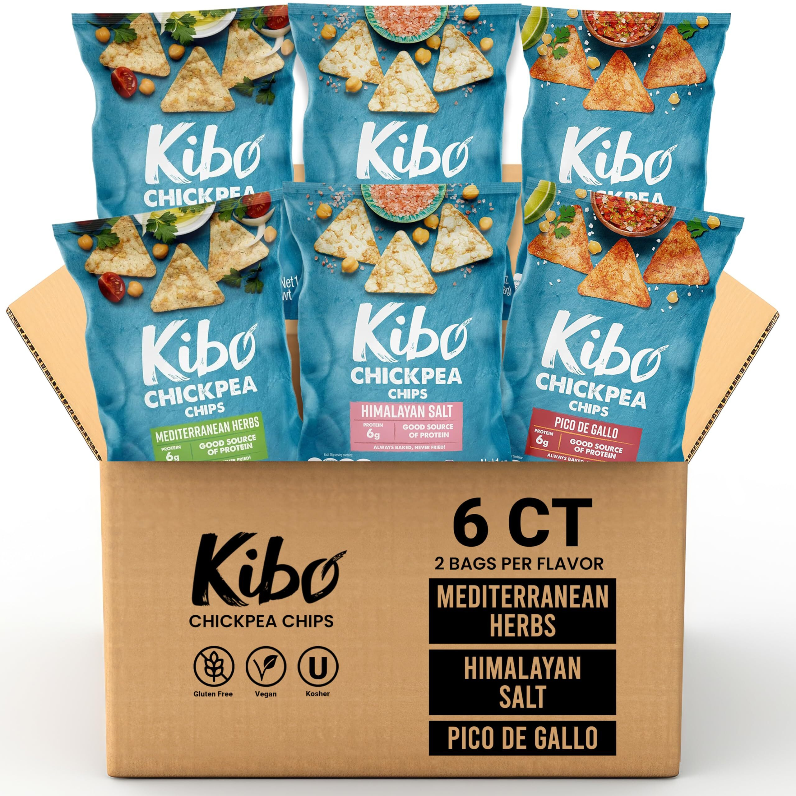 Kibo Chickpea Chips - High Protein/Fiber, Plant-Based, Cert. Gluten Free, Non-Gmo, Vegan, Kosher, 3 Flavor Variety Pack, 1Oz 6 Pk