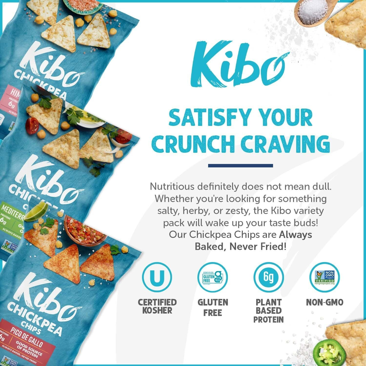 Kibo Chickpea Chips - High Protein/Fiber, Plant-Based, Cert. Gluten Free, Non-Gmo, Vegan, Kosher, 3 Flavor Variety Pack, 1Oz 6 Pk