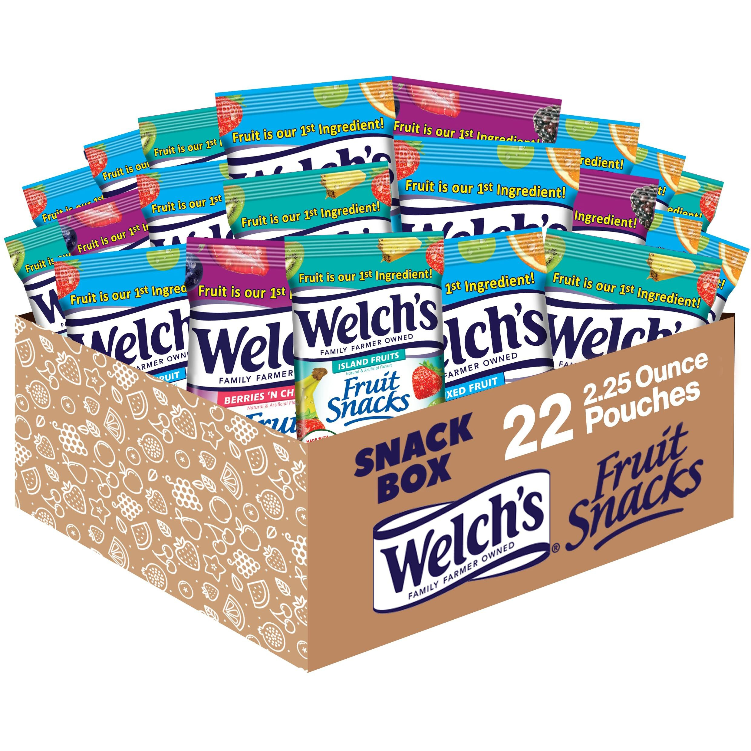 Welch's Fruit Snacks, Variety Pack With Mixed Fruit, Island Fruits & Berries 'N Cherries, Gluten Free, 2.25 Oz Bags (Pack Of 22)