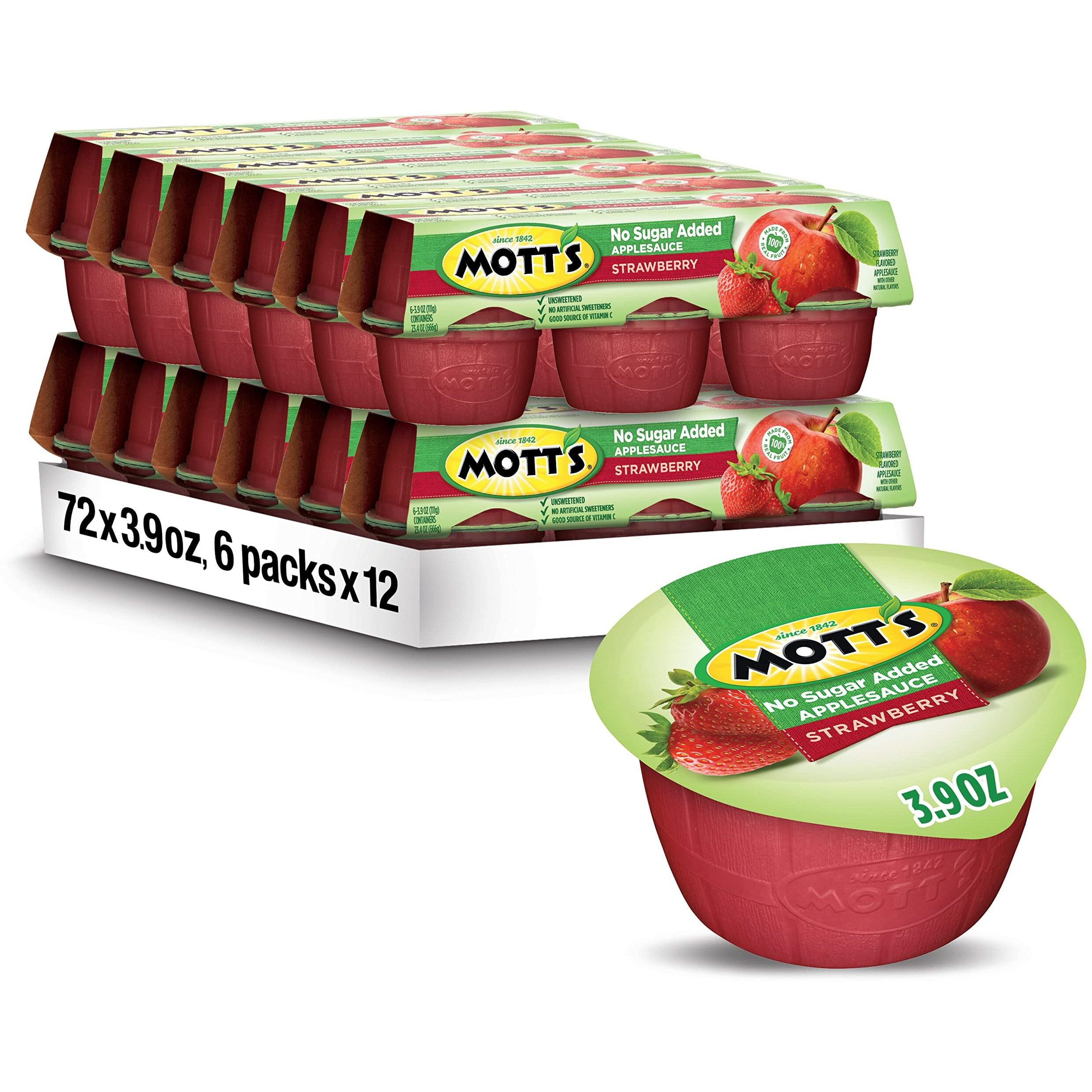 Mott's No Sugar Added Strawberry Applesauce, 3.9 Oz Cups, 72 Count (12 Packs Of 6), Good Source Of Vitamin C, No Artificial Flavors