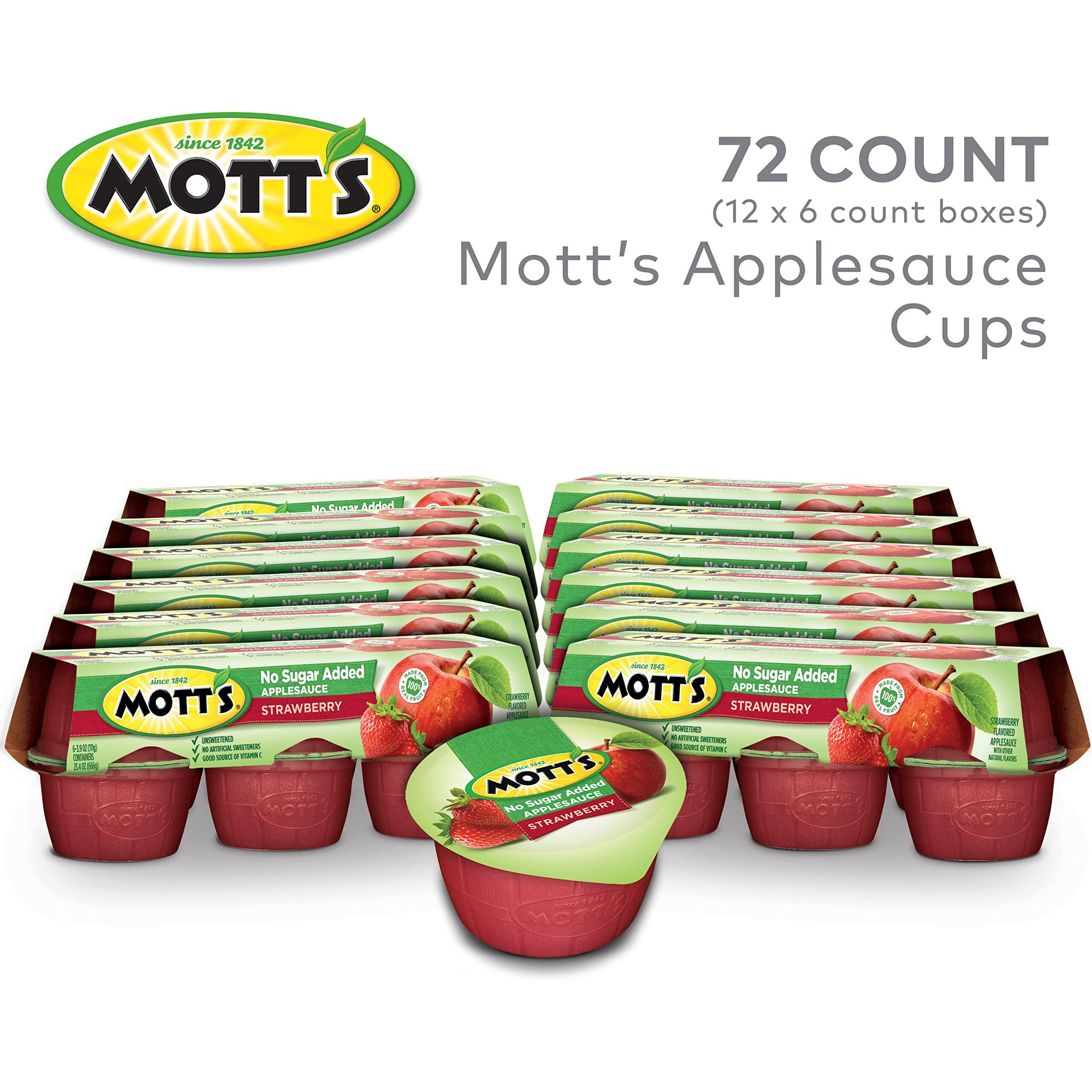 Mott's No Sugar Added Strawberry Applesauce, 3.9 Oz Cups, 72 Count (12 Packs Of 6), Good Source Of Vitamin C, No Artificial Flavors