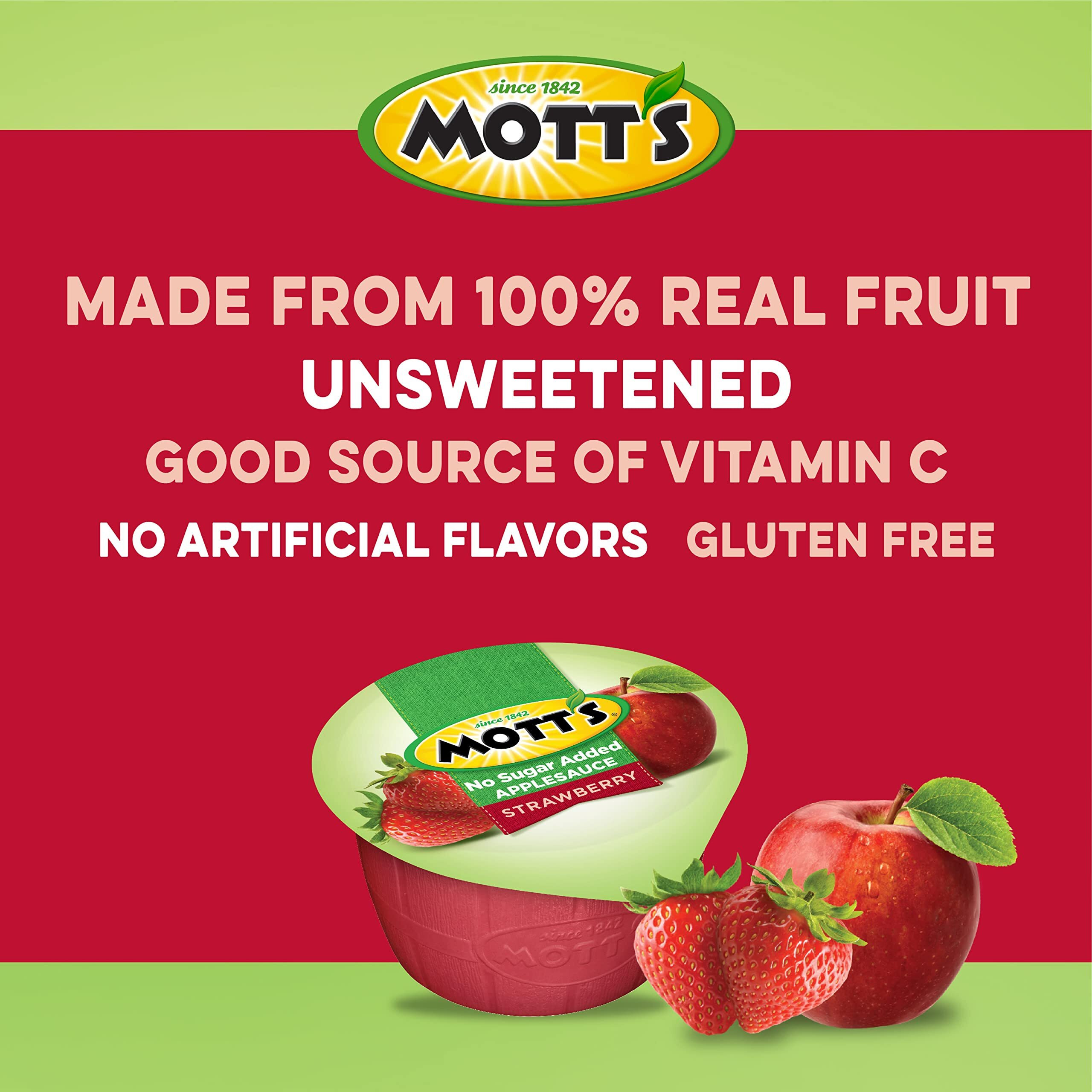 Mott's No Sugar Added Strawberry Applesauce, 3.9 Oz Cups, 72 Count (12 Packs Of 6), Good Source Of Vitamin C, No Artificial Flavors