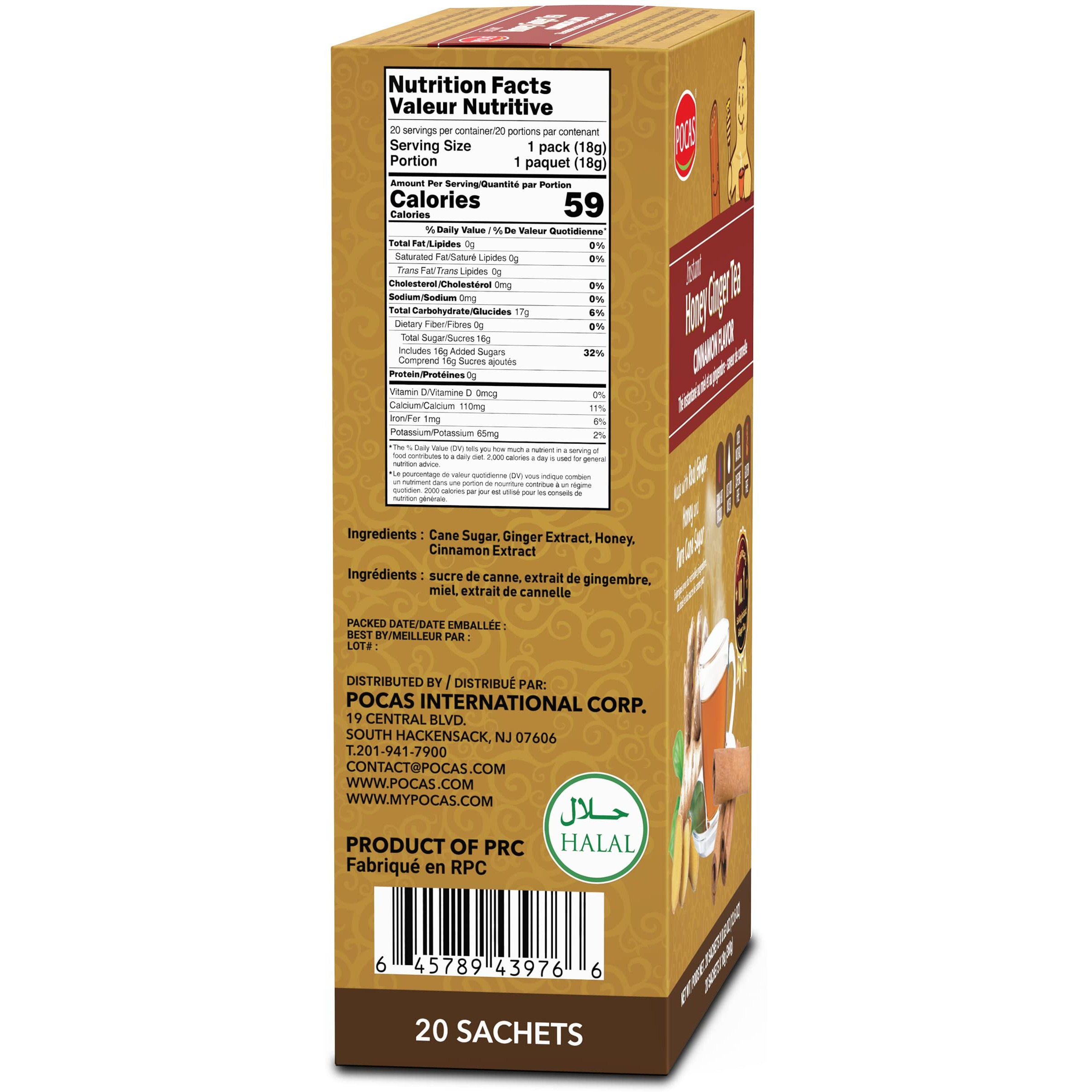 Pocas Tea Powder, Honey Ginger With Cinnamon, 20 Count (Pack Of 2), Non-Gmo, Gluten Free, Caffeine Free, Instant Tea Packets