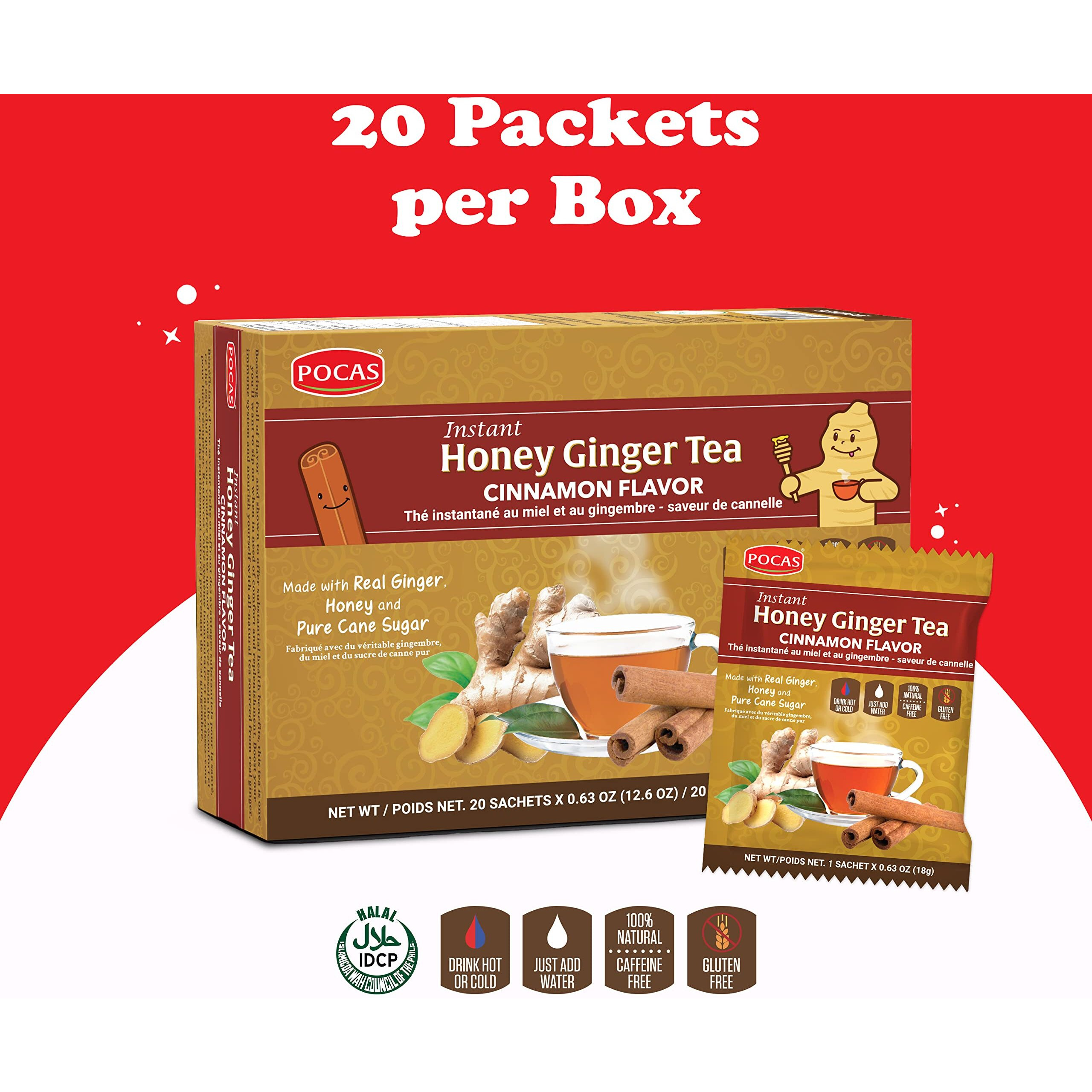 Pocas Tea Powder, Honey Ginger With Cinnamon, 20 Count (Pack Of 2), Non-Gmo, Gluten Free, Caffeine Free, Instant Tea Packets