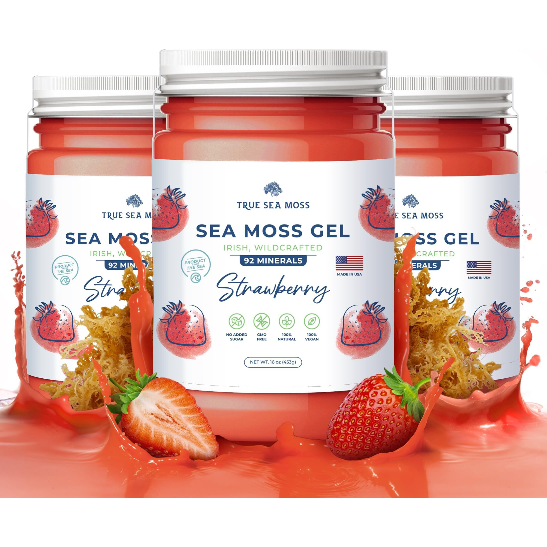 Trueseamoss Wildcrafted Irish Sea Moss Gel - Made With Dried Seaweed & Fresh Sea Vegetables, Seamoss - Made In Usa (Strawberry, Pack Of 3)