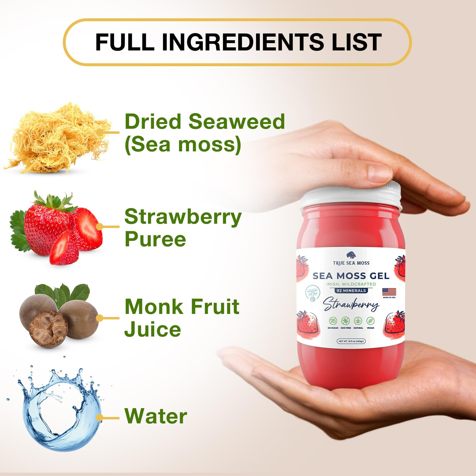 Trueseamoss Wildcrafted Irish Sea Moss Gel - Made With Dried Seaweed & Fresh Sea Vegetables, Seamoss - Made In Usa (Strawberry, Pack Of 3)