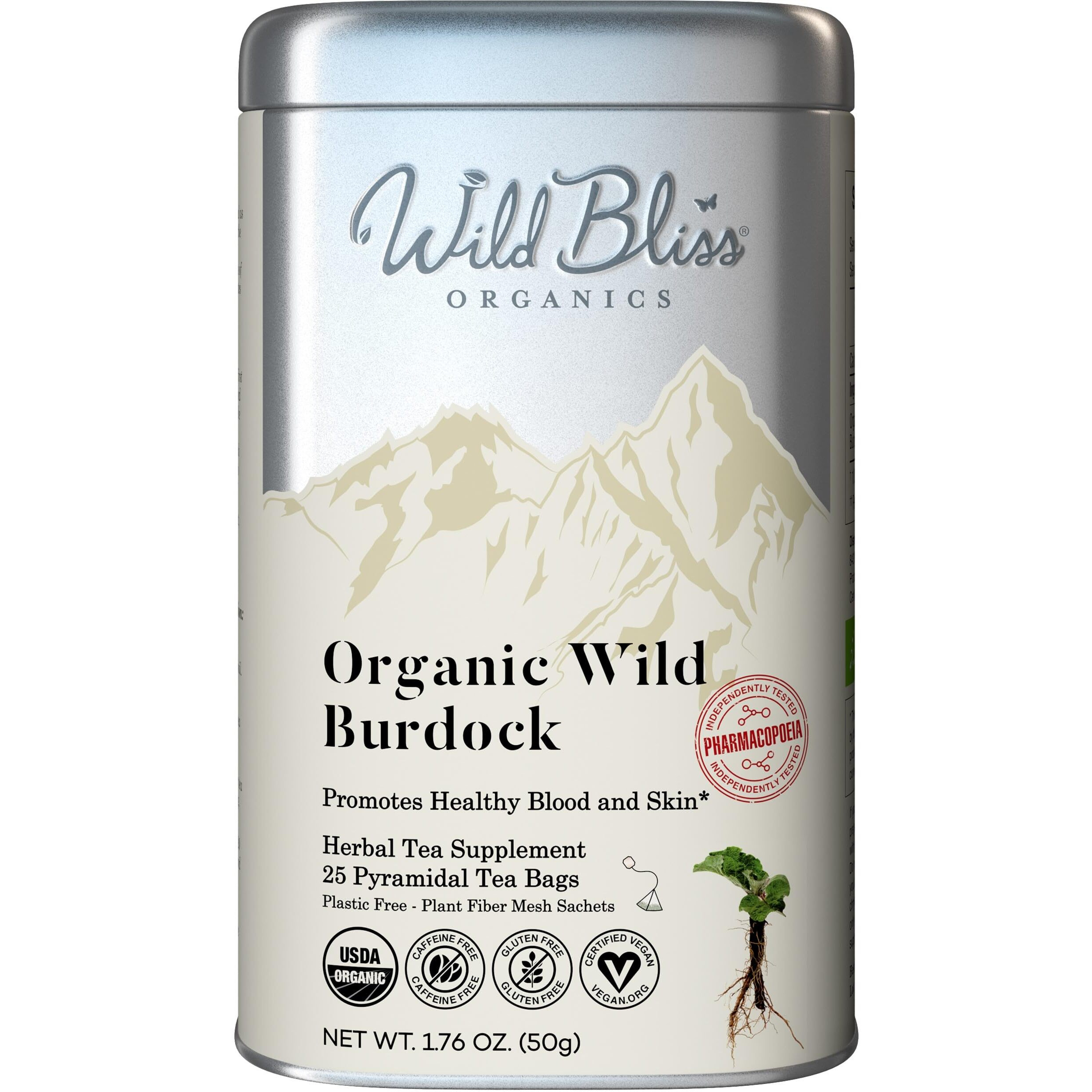 Organic Wild Burdock Root Tea - Caffeine Free Herbal Detox Support - Pharmacopoeia Quality - 25 Plant Based Tea Bags