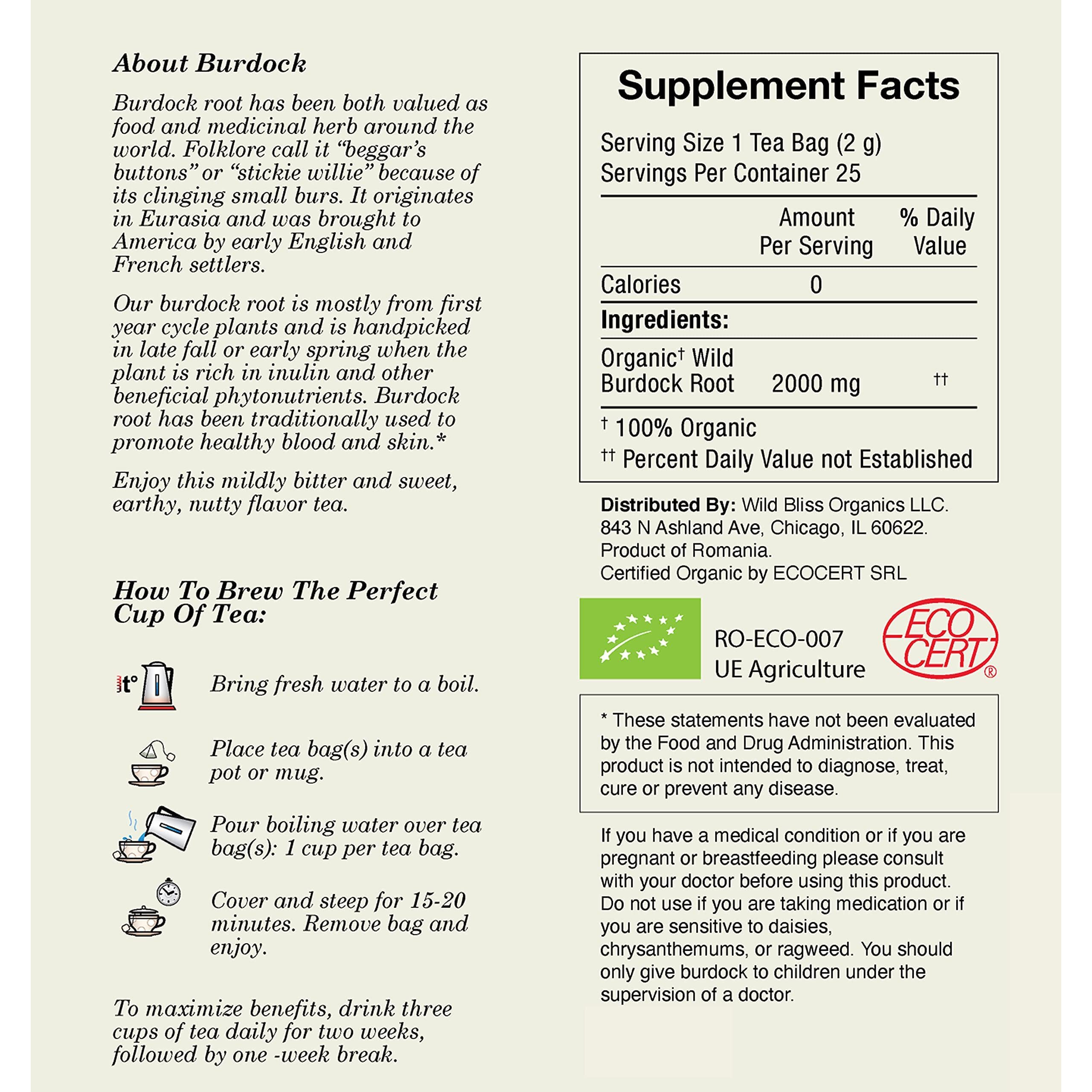 Organic Wild Burdock Root Tea - Caffeine Free Herbal Detox Support - Pharmacopoeia Quality - 25 Plant Based Tea Bags