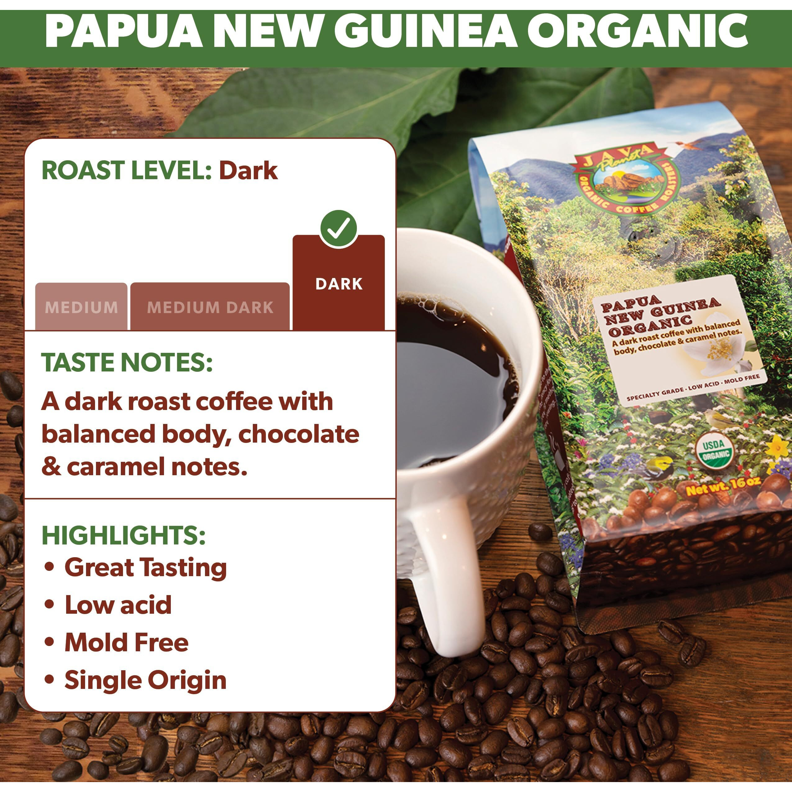 Java Planet Organic, Papua New Guinea Single Origin Dark Roast, Smooth Full Flavored Organic Coffee Beans, Low Acid, Whole Bean Coffee 1Lb Bag