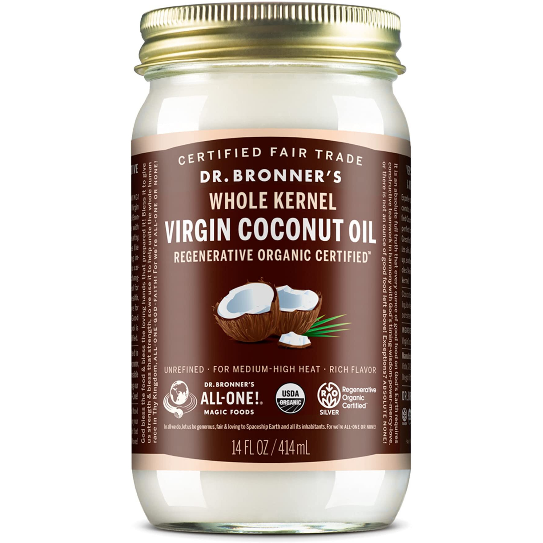 Dr. Bronner's - Organic Virgin Coconut Oil (Whole Kernel, 14 Ounce) - Coconut Oil For Cooking, Baking, Hair & Body, Unrefined & Fresh-Pressed, Rich & Nutty Flavor, Fair Trade, Vegan, Non-Gmo
