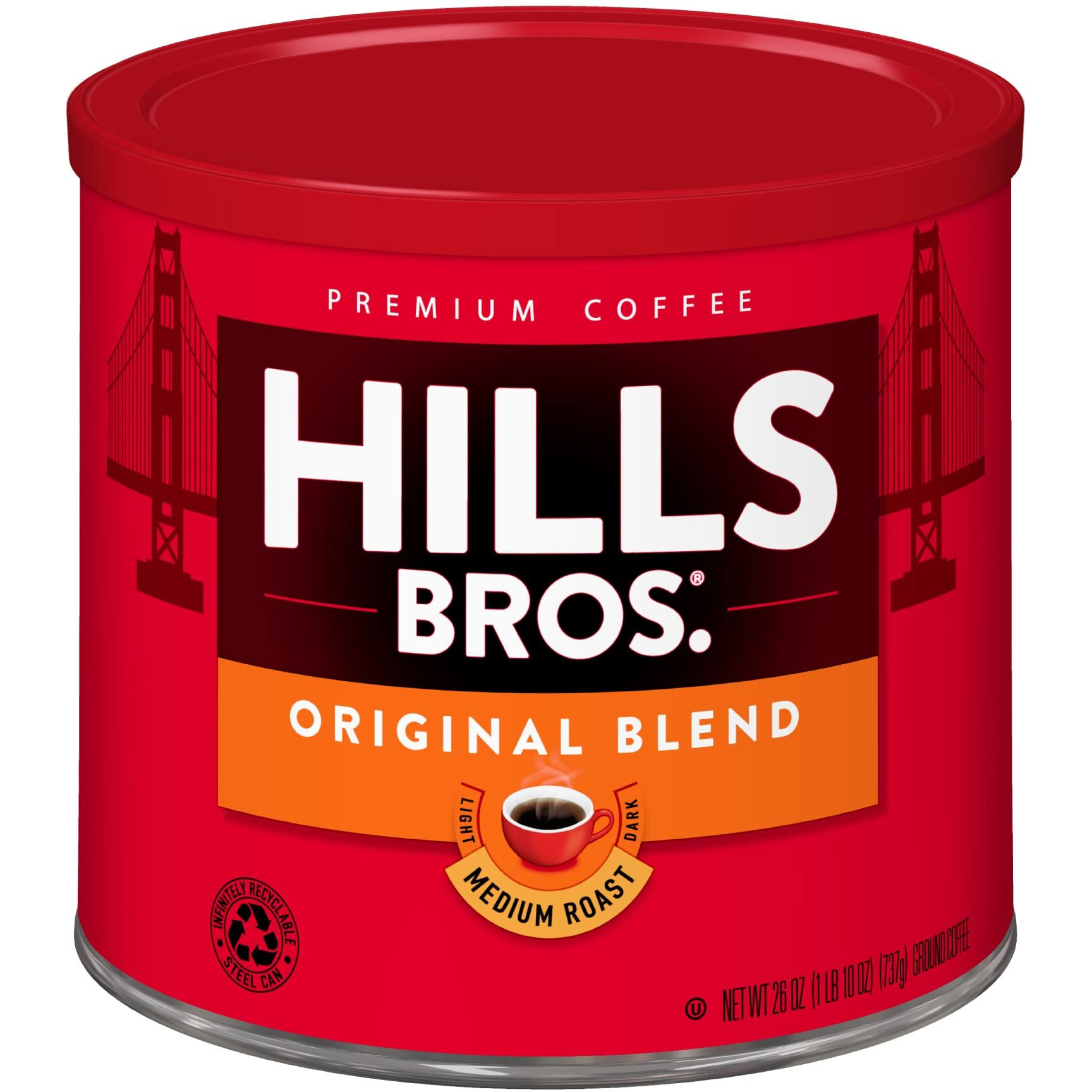 Hills Bros Original Blend Ground Coffee, Medium Roast, Full-Bodied Classic Rich Coffee Taste, Balanced For Optimum Caffeine, 26 Oz