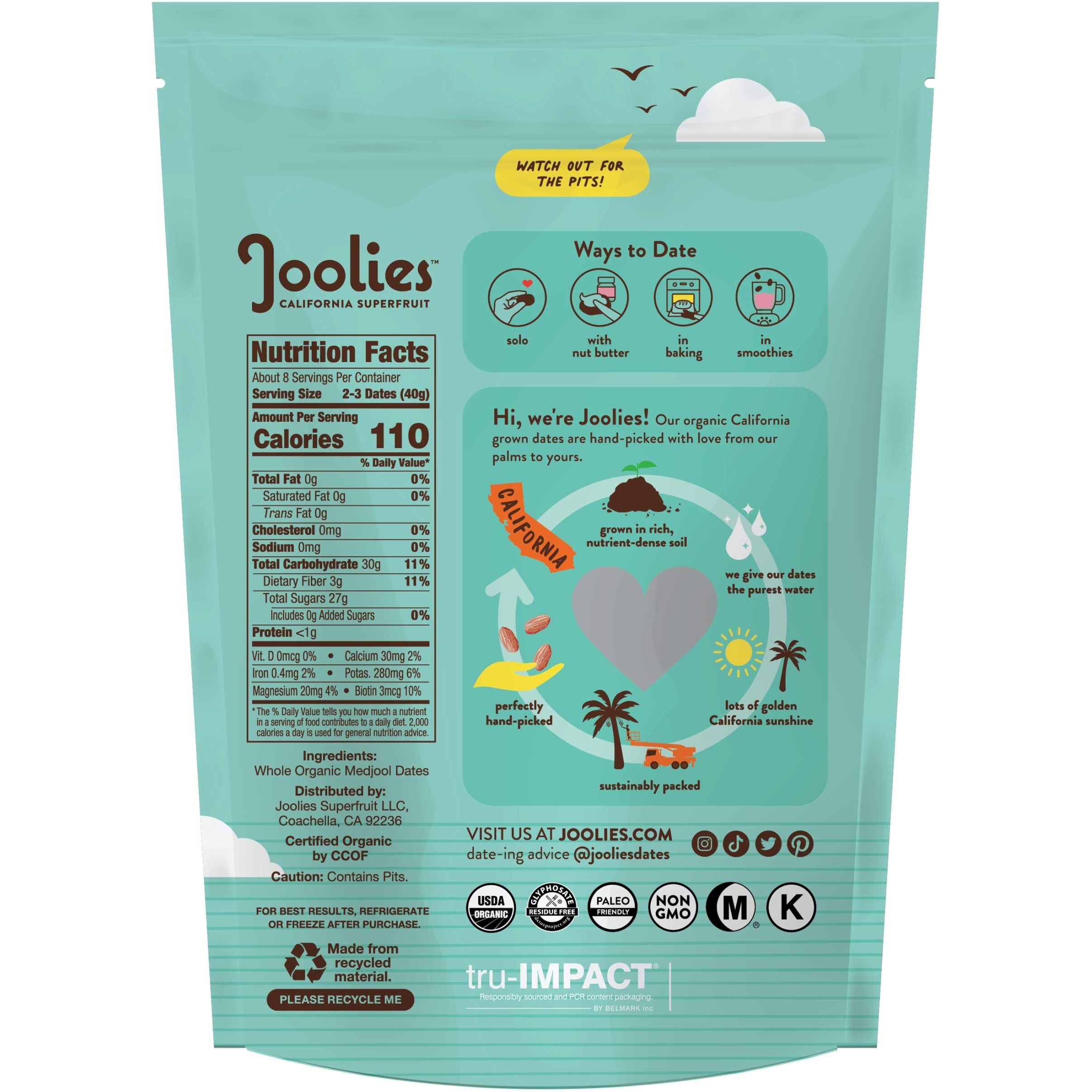 Joolies Organic Whole Medjool Dates | 12 Ounce Pouch | Pack Of 2 | Fresh California Grown Fruit | Vegan, Gluten-Free, Paleo, No Sugar Added | Great Source Of Fiber & Antioxidants