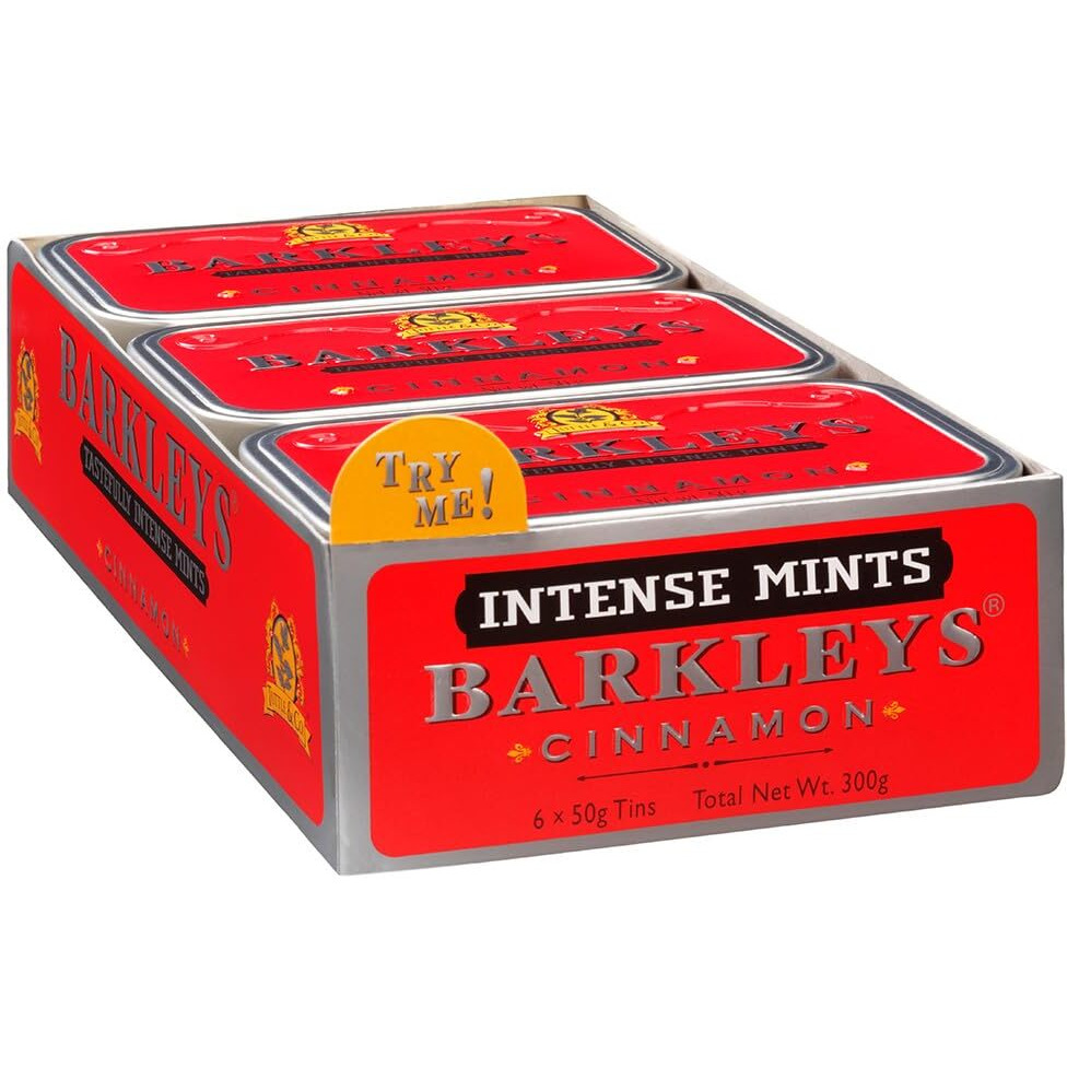 Barkleys Cinnamon Breath Mints -Strong Cool Mint Flavor- Cinnamon Candy, Dry Mouth Mints,- Breath Freshener, After Dinner Mints In Reusable Classic Travel Tins -Cinnamon Mints, Vegan, 50-Count, 6-Pack
