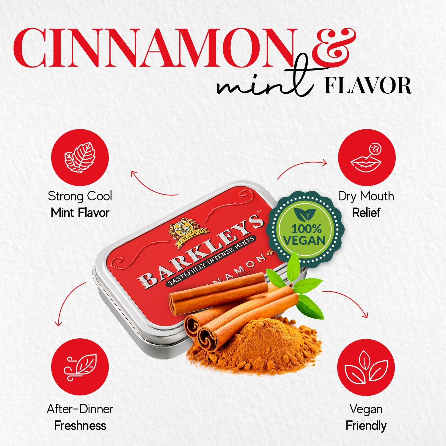 Barkleys Cinnamon Breath Mints -Strong Cool Mint Flavor- Cinnamon Candy, Dry Mouth Mints,- Breath Freshener, After Dinner Mints In Reusable Classic Travel Tins -Cinnamon Mints, Vegan, 50-Count, 6-Pack