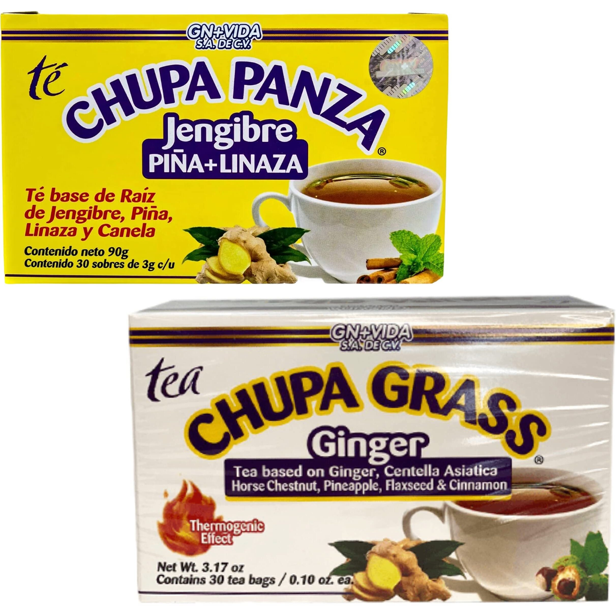 2 Pack Improved Formula Tea Chupa Grass & Panza - Tea Based Ginger, Gotu Kola & Cinammon, Pineapple Jengibre (30 Tea Bags/0.10 Oz Each)
