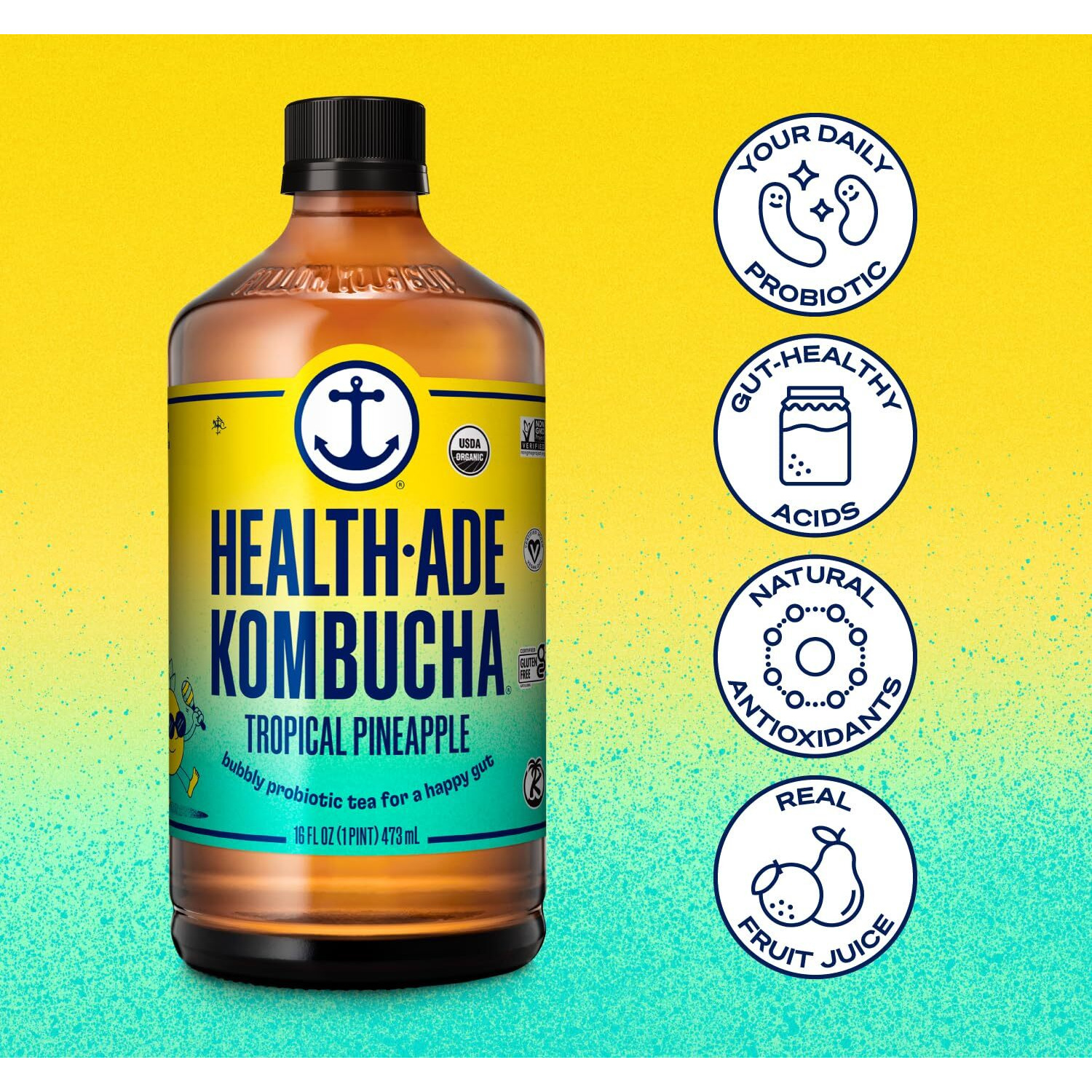 Health-Ade Kombucha Tea Organic Drink, Fermented Tea With Living Probiotics, Detoxifying Acids, Supports Gut Health, Non-Gmo, Vegan, Gluten Free, 12 Pack (16 Fl Oz Bottles), Tropical Punch