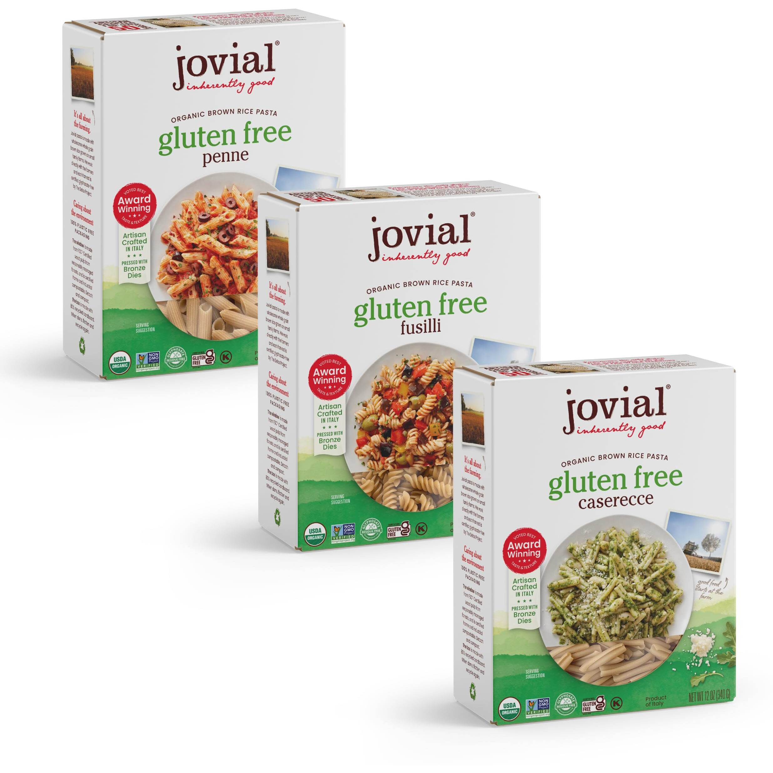 Jovial Whole Grain Brown Rice Pasta Variety Pack (Rigate, Fusilli, Caserecce) - Whole Grain Pasta, Organic Pasta, Gluten Free, Dairy Free, Brown Rice Pasta, Made In Italy - 12 Oz, 3 Pack