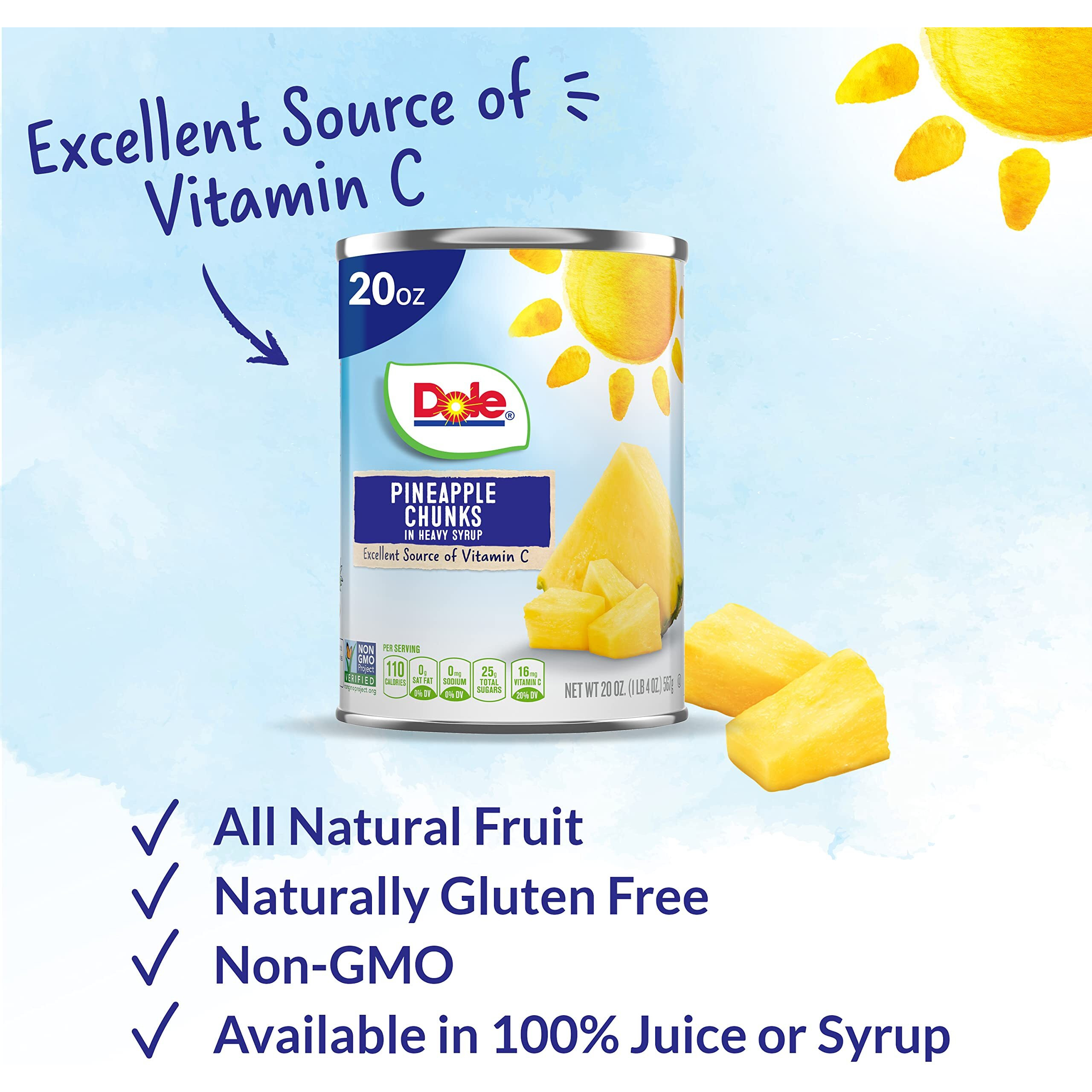 Dole Canned Fruit, Pineapple Chunks In Heavy Syrup, Gluten Free, Pantry Staples, 20 Oz, 12 Count, Packaging May Vary