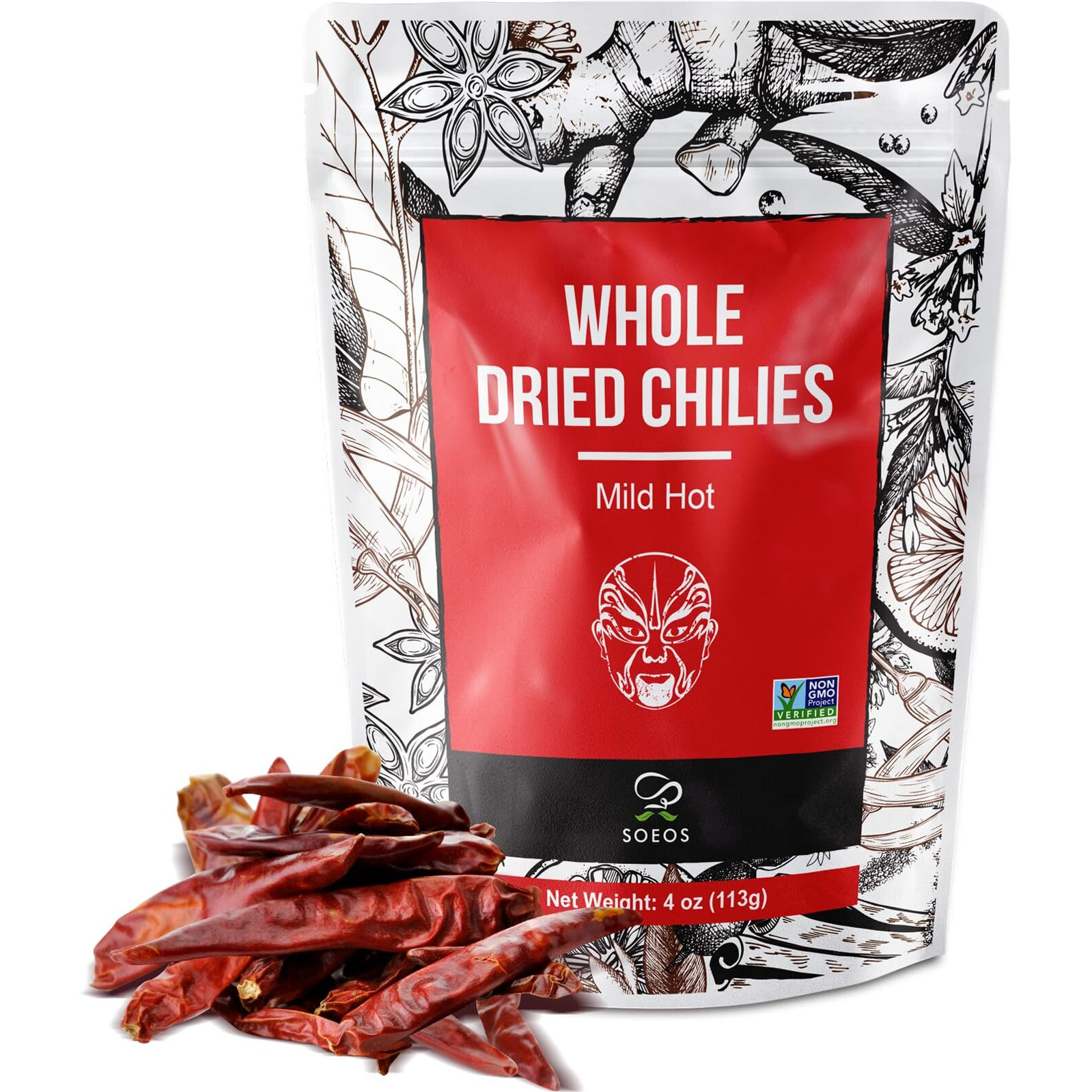 Soeos Whole Dried Chilies 4 Oz, Mild Spicy Chili Peppers, Red Chili Pepper, Natural, Premium And Dry Sichuan Chile Peppers, Sichuan Pepper, Dried Peppers - Great For Mexican Recipes