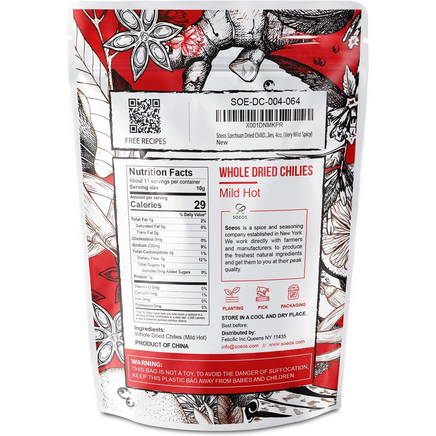 Soeos Whole Dried Chilies 4 Oz, Mild Spicy Chili Peppers, Red Chili Pepper, Natural, Premium And Dry Sichuan Chile Peppers, Sichuan Pepper, Dried Peppers - Great For Mexican Recipes