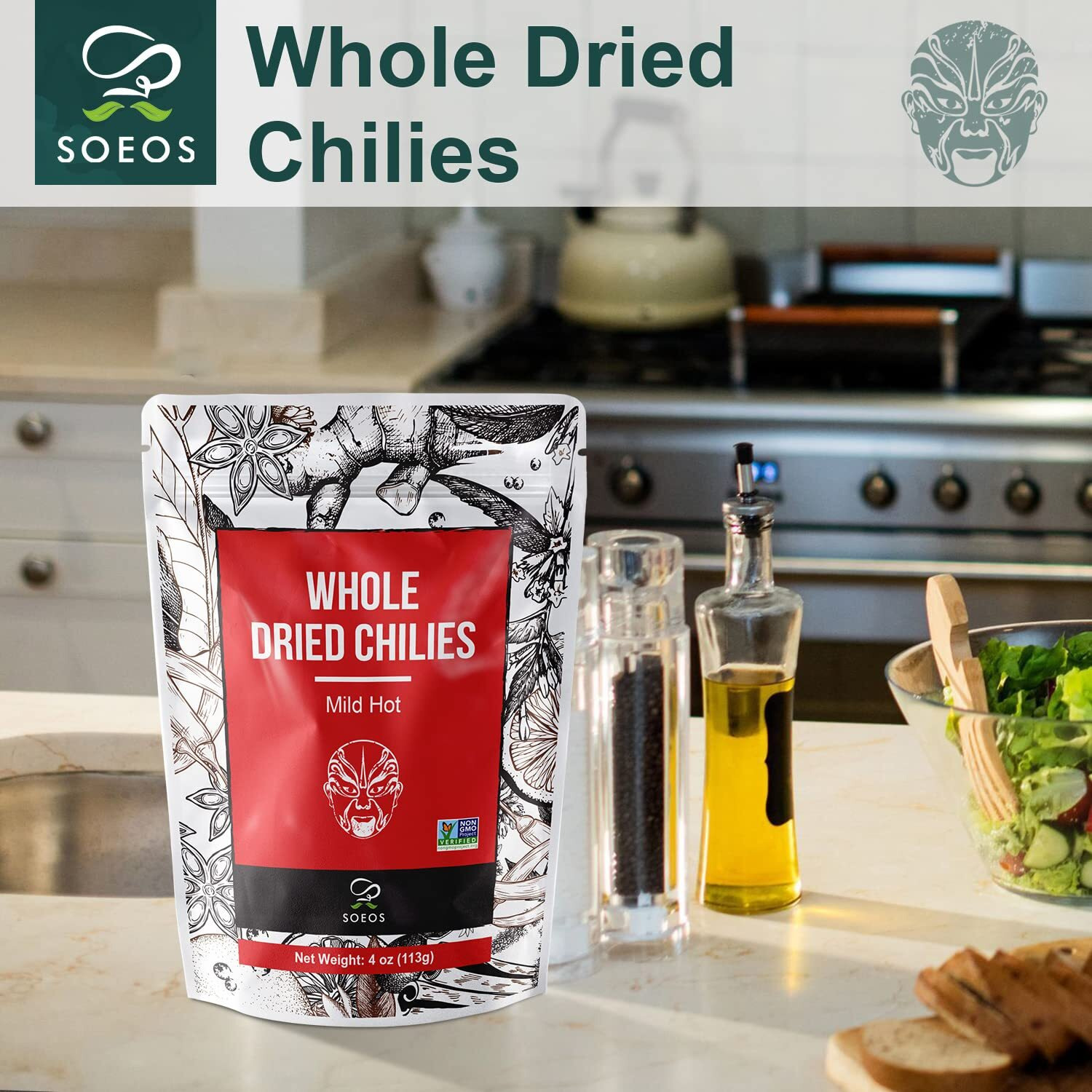 Soeos Whole Dried Chilies 4 Oz, Mild Spicy Chili Peppers, Red Chili Pepper, Natural, Premium And Dry Sichuan Chile Peppers, Sichuan Pepper, Dried Peppers - Great For Mexican Recipes