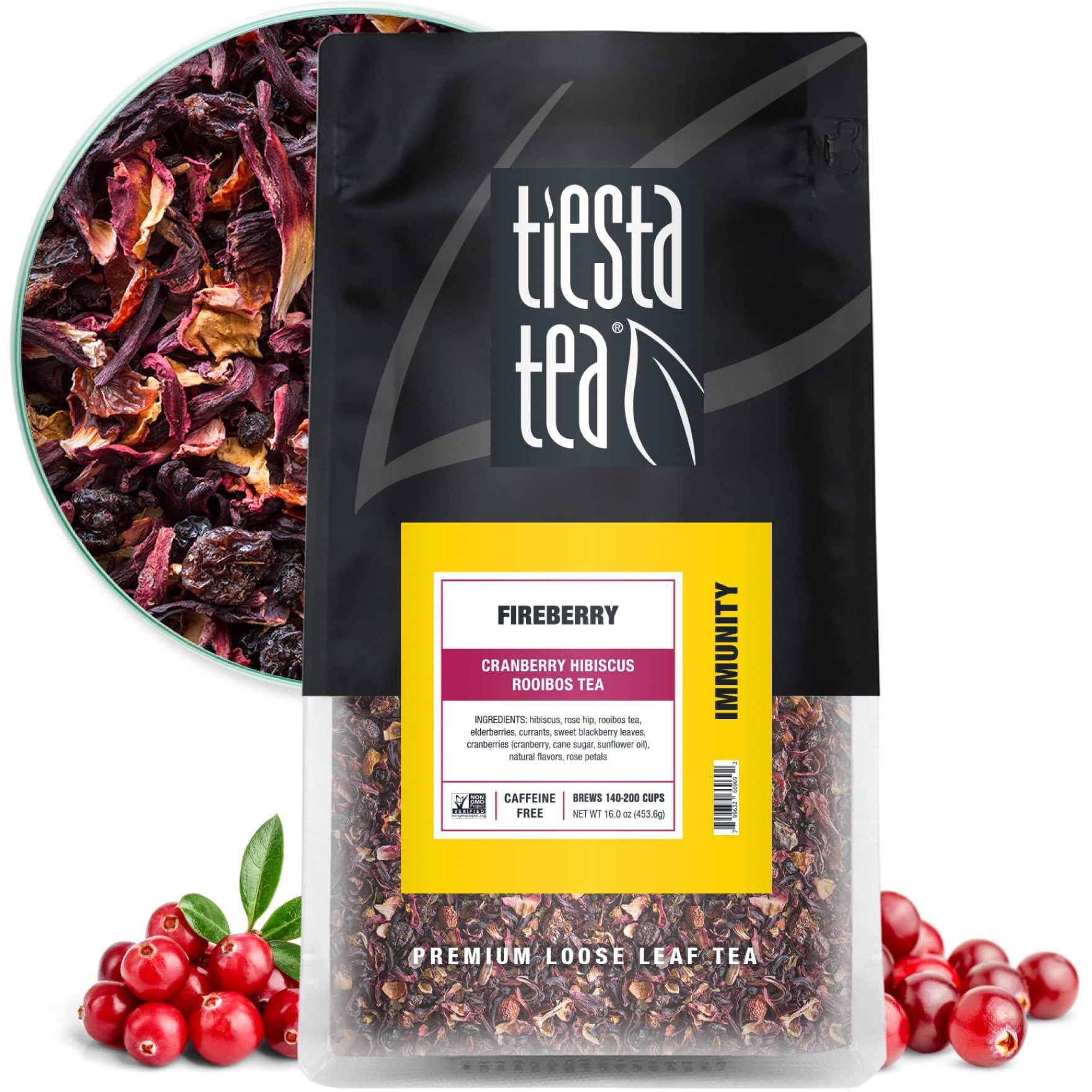 Tiesta Tea - Fireberry, Cranberry Hibiscus Rooibos Tea, Premium Loose Leaf Tea, Non-Caffeinated Rooibos Tea, 200 Cups - 16 Ounce Resealable Bulk Pouch