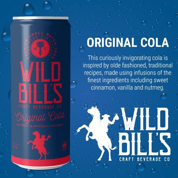 Wild Bill's Original Cola Soda Classic Craft Soda Pop Soft Drinks, Sodas Made With Pure Cane Sugar, Caffeine Free, No High Fructose Corn Syrup, Gluten Free, Vegan, Low Sodium, 12 Oz 12 Pack
