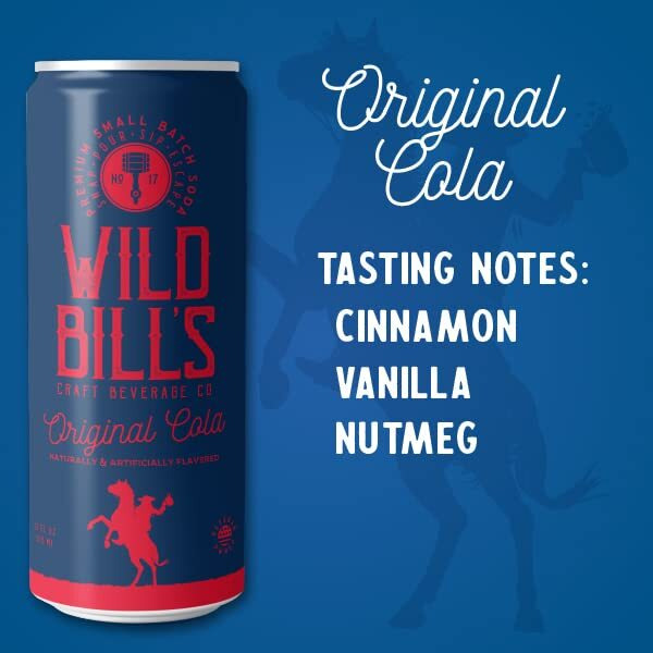 Wild Bill's Original Cola Soda Classic Craft Soda Pop Soft Drinks, Sodas Made With Pure Cane Sugar, Caffeine Free, No High Fructose Corn Syrup, Gluten Free, Vegan, Low Sodium, 12 Oz 12 Pack