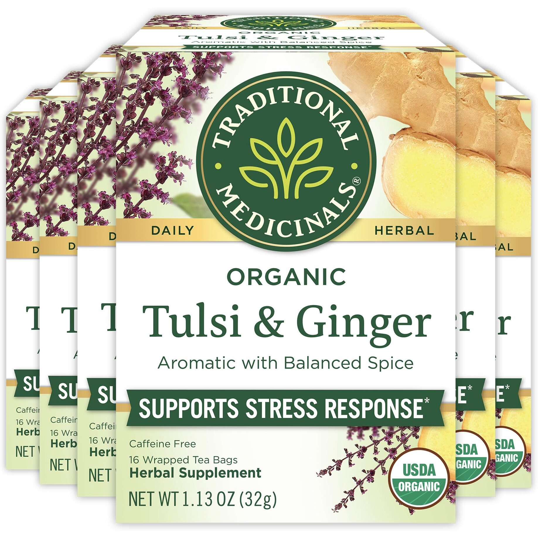 Traditional Medicinals Organic Tulsi With Ginger Herbal Leaf Tea, 16 Count(Pack Of 6)