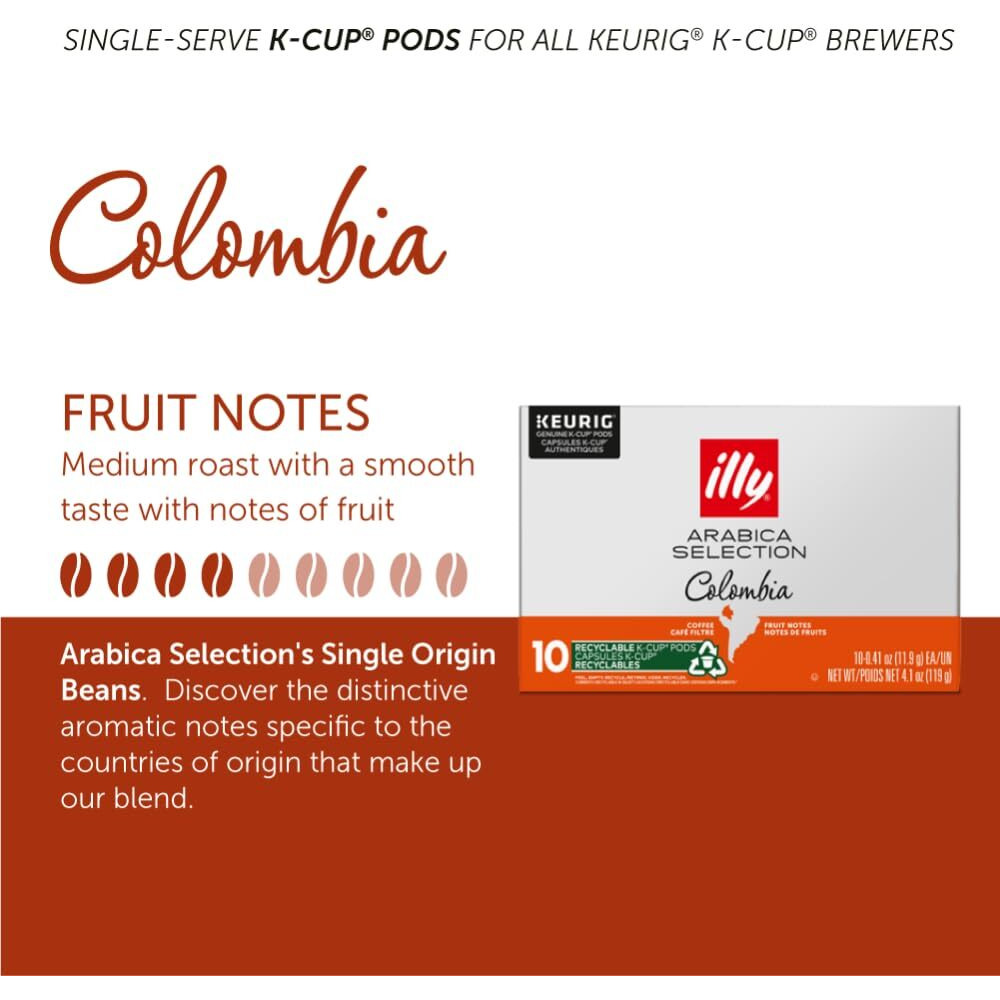 Illy Coffee K Cups - Coffee Pods For Keurig Coffee Maker - Colombia Medium Roast - Notes Of Fruit - Bold, Flavorful & Full-Bodied Flavor Of Pods Coffee - No Preservatives - 10 Count, 6 Pack