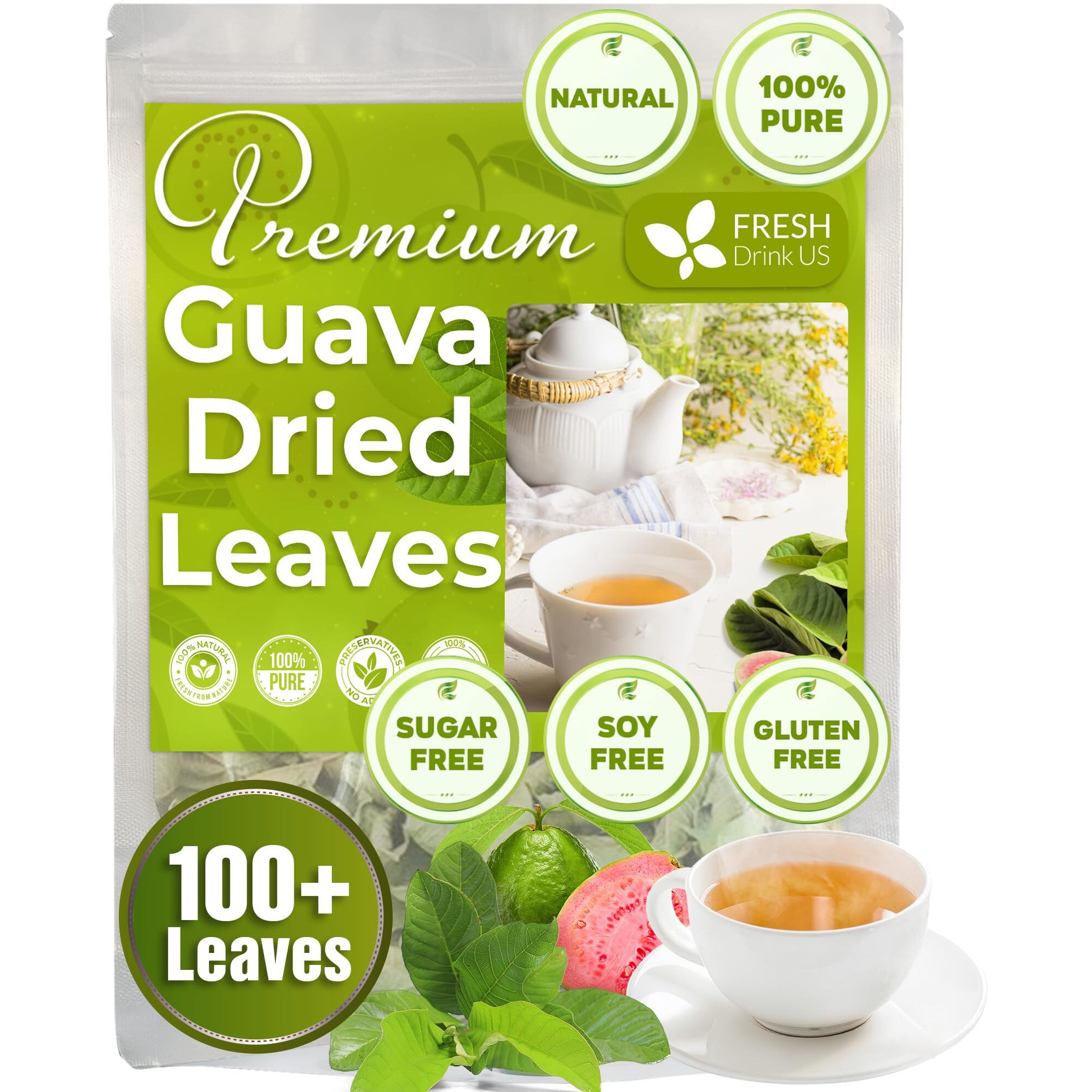 Freshdrinkus, Premium 100+ Natural Guava Leaves, Whole Dried Leaves, 100% Pure From Guava Leaves, Natural Guava Loose Leaf Herbal Tea, No Additives, No Caffeine, Vegan