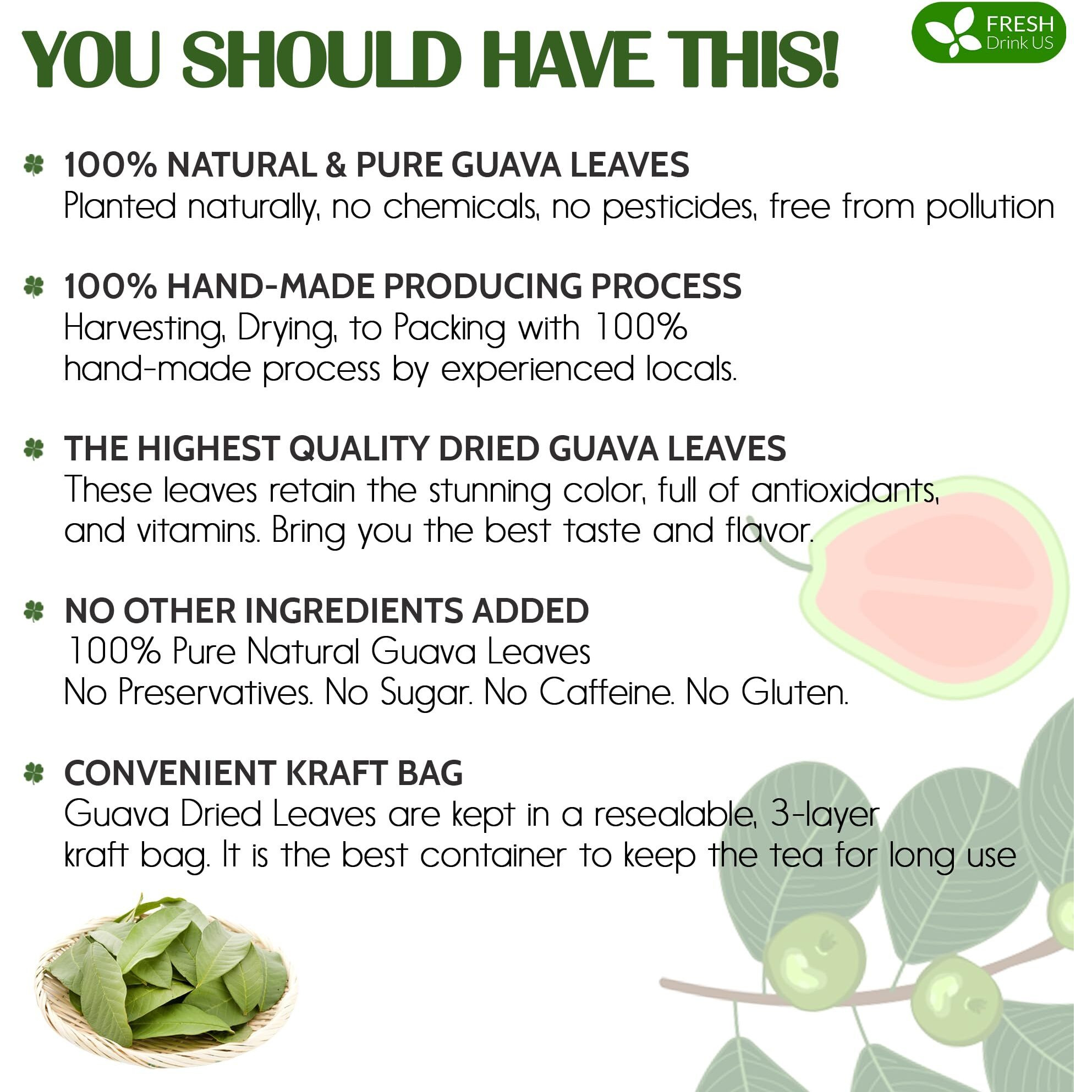 Freshdrinkus, Premium 100+ Natural Guava Leaves, Whole Dried Leaves, 100% Pure From Guava Leaves, Natural Guava Loose Leaf Herbal Tea, No Additives, No Caffeine, Vegan