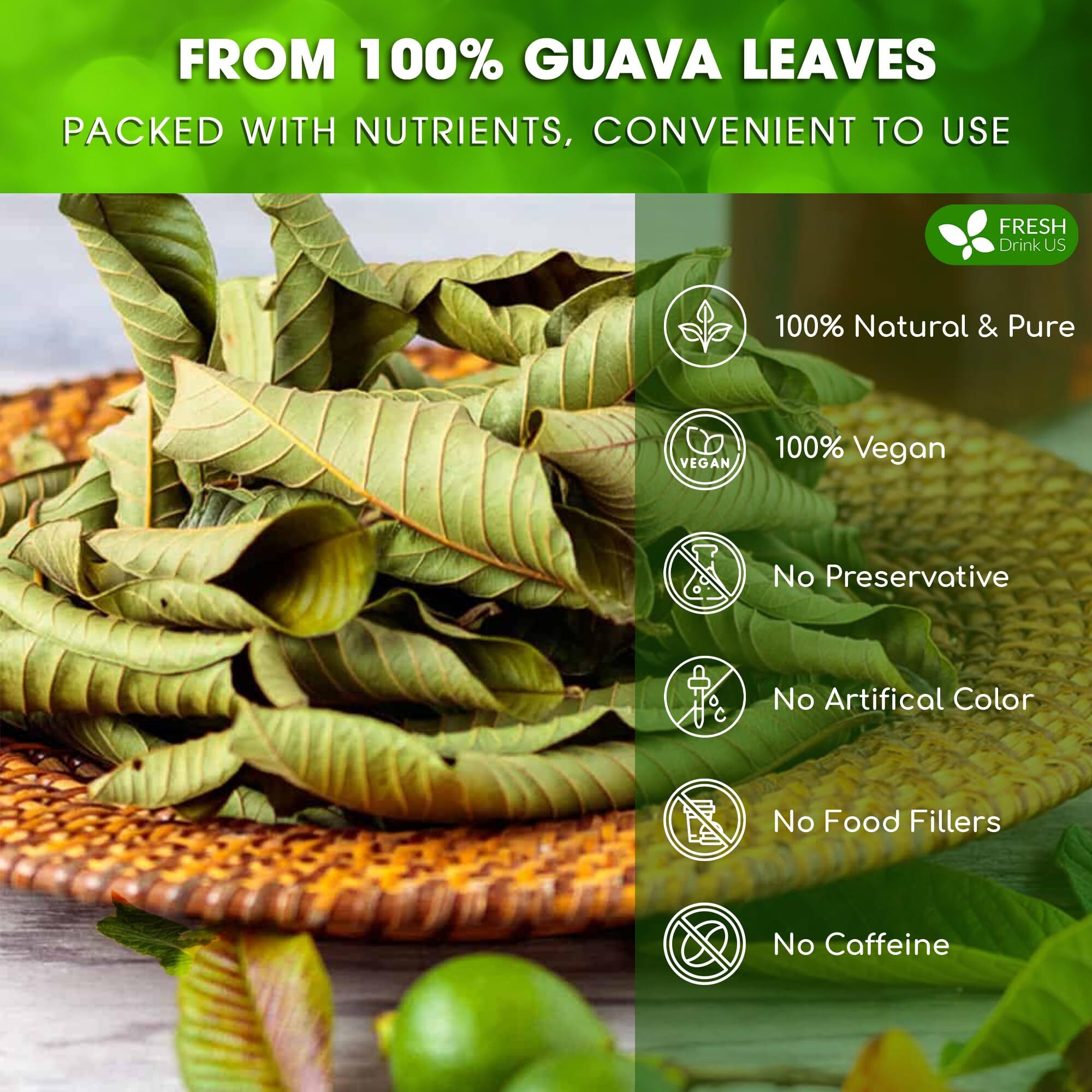 Freshdrinkus, Premium 100+ Natural Guava Leaves, Whole Dried Leaves, 100% Pure From Guava Leaves, Natural Guava Loose Leaf Herbal Tea, No Additives, No Caffeine, Vegan