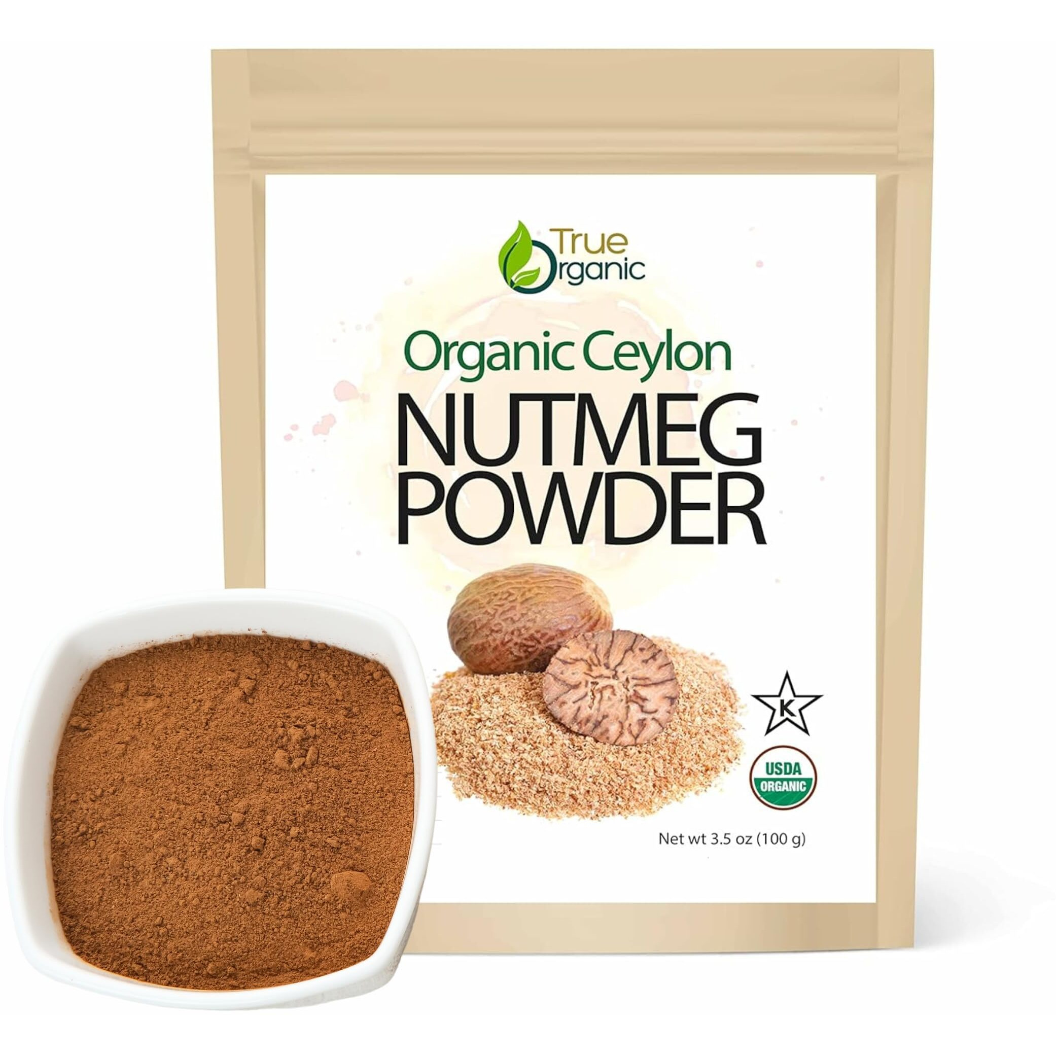 True Organic Ceylon Nutmeg Powder, Premium Grade, Usda & Kosher Certified, Gluten Free, Pure Ceylon Premium Quality, Ground 3.5 Oz
