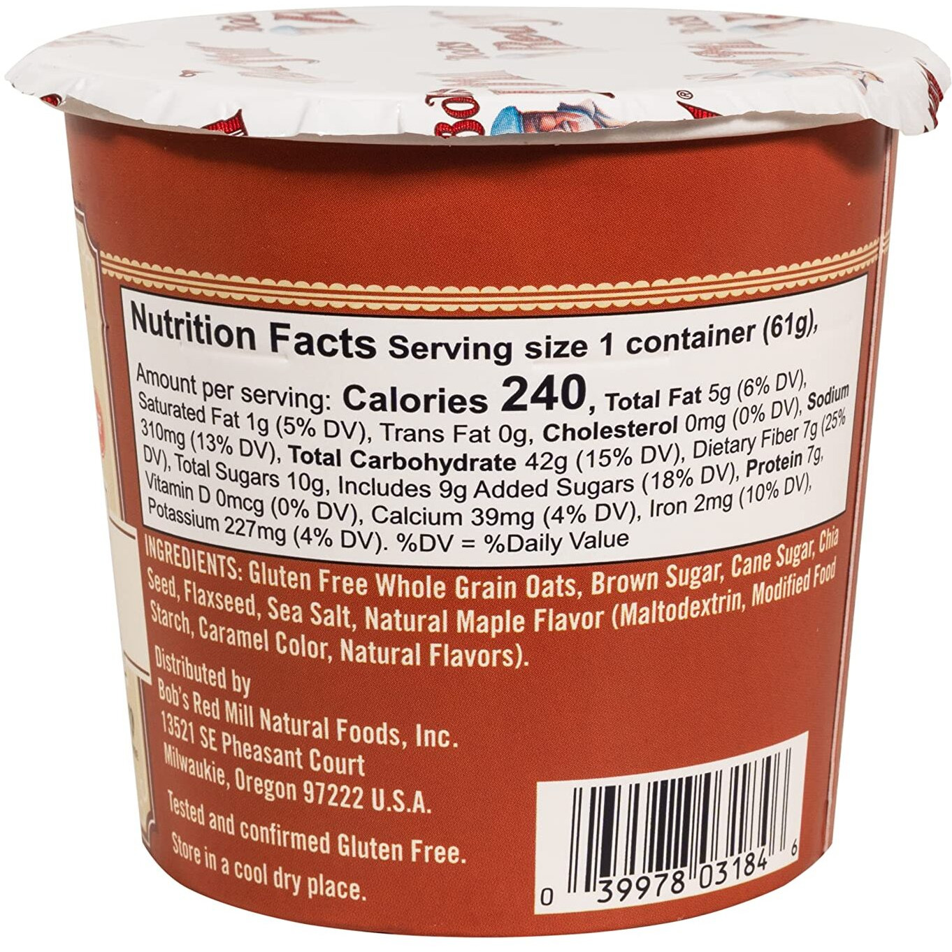 Bob's Red Mill Gf Oatmeal Cup, Maple & Brown Sugar, 2.15 Ounce Cup (Pack Of 8), Gluten Free, Non-Gmo, Whole Grain, Kosher