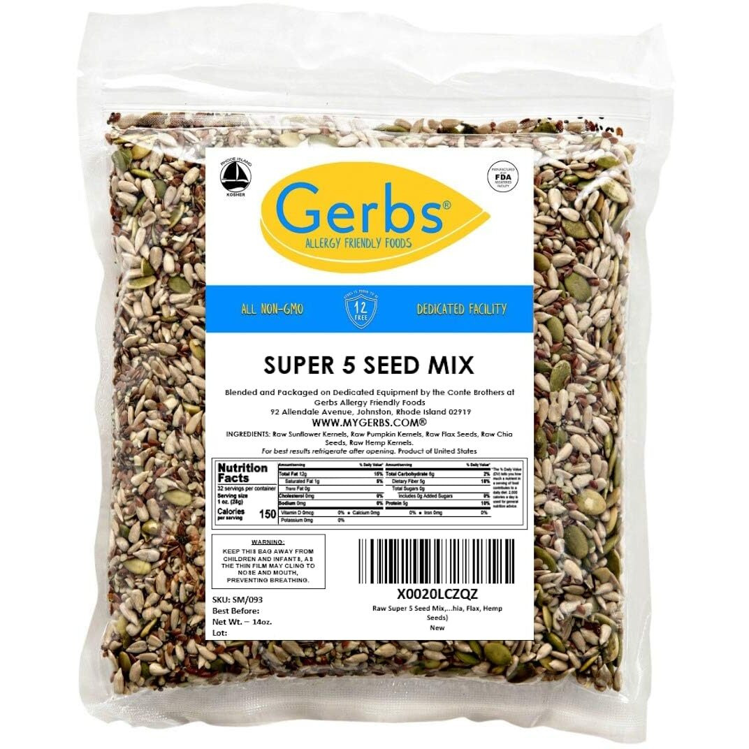 Gerbs Super 5 Seed Snack Mix 14 Oz. Premium Grade | Top 14 Food Allergy Free | Resealable Bulk Bag | Made In Usa | Raw Pumpkin Sunflower Chia Hemp Flax Seed Trail Mix | Gluten Peanut Tree Nut Free