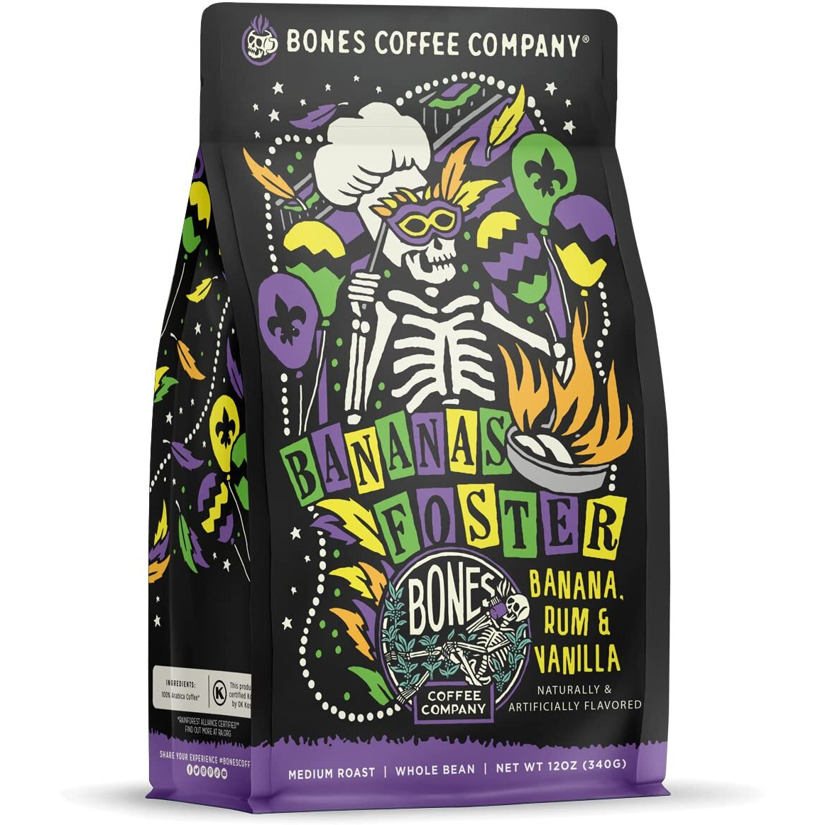 Bones Coffee Company Bananas Foster Whole Coffee Beans Banana Rum & Vanilla Flavor, Low Acid Flavored Coffee, Made With Arabica Coffee Beans, Medium Roast Gourmet Coffee (12 Oz)