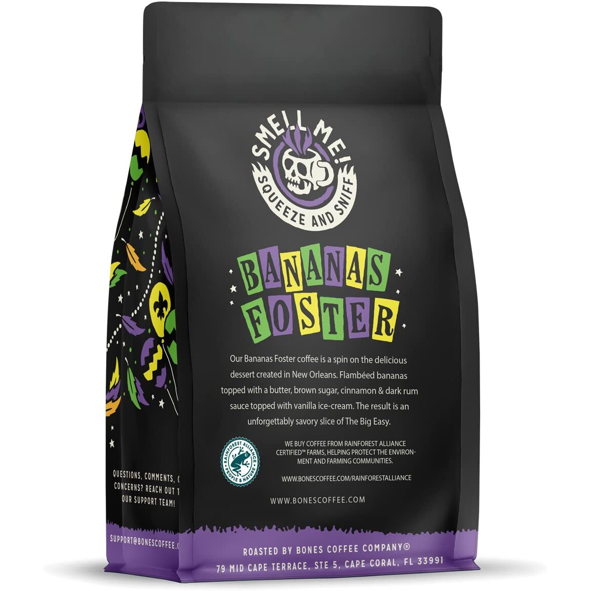 Bones Coffee Company Bananas Foster Whole Coffee Beans Banana Rum & Vanilla Flavor, Low Acid Flavored Coffee, Made With Arabica Coffee Beans, Medium Roast Gourmet Coffee (12 Oz)