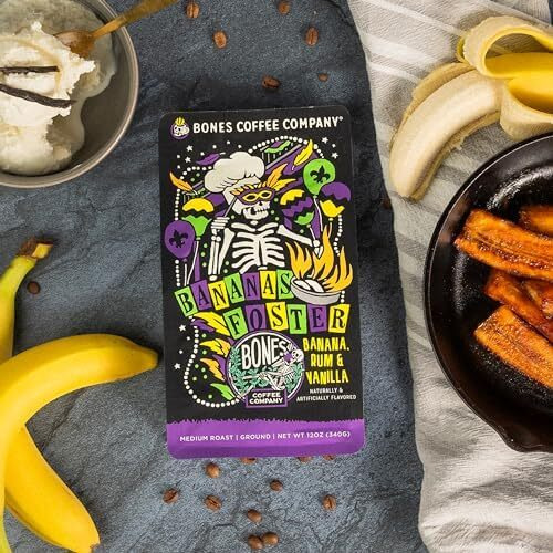 Bones Coffee Company Bananas Foster Whole Coffee Beans Banana Rum & Vanilla Flavor, Low Acid Flavored Coffee, Made With Arabica Coffee Beans, Medium Roast Gourmet Coffee (12 Oz)