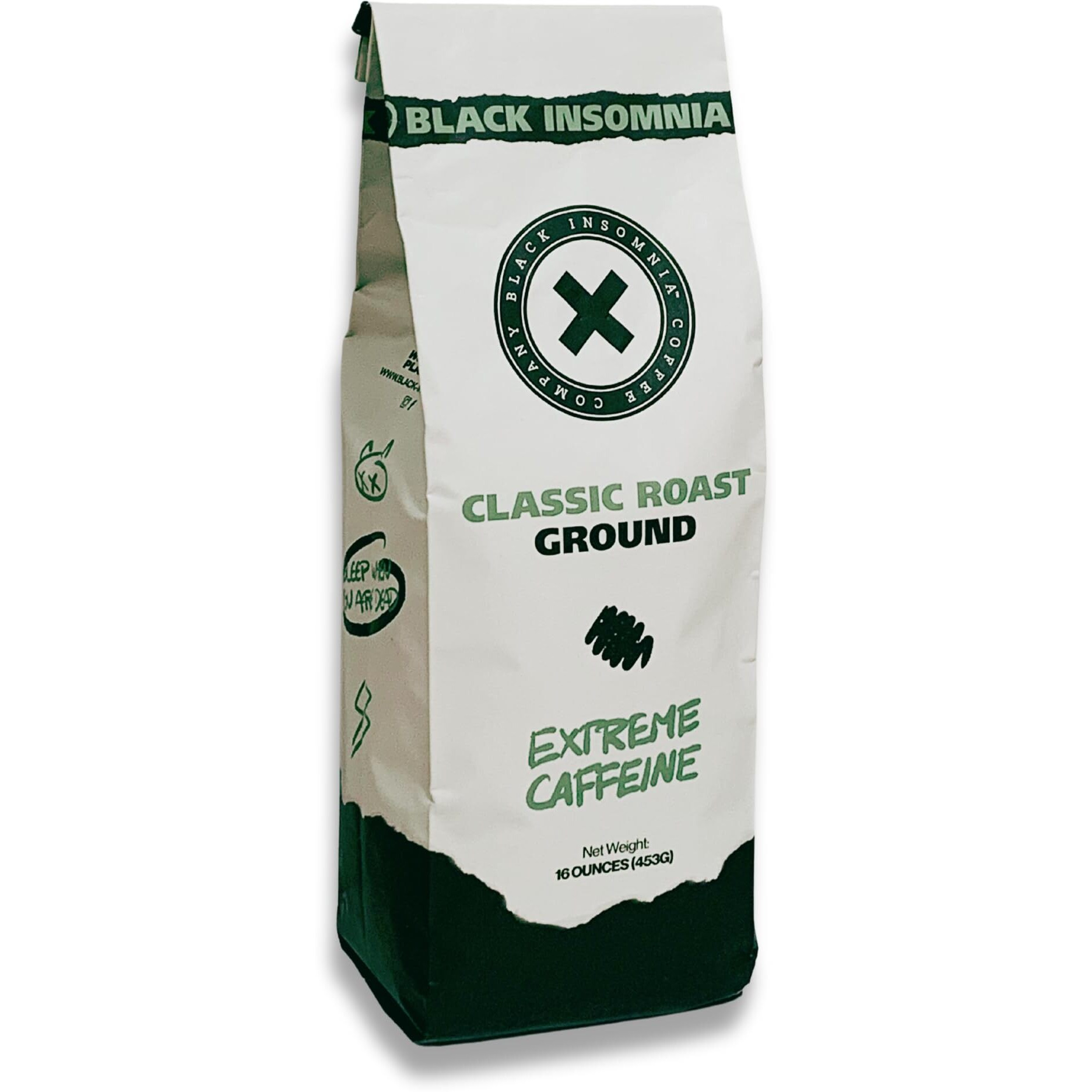 Black Insomnia Extreme Caffeine Coffee - World's Strongest Highly Caffeinated Coffee - Classic Roast Ground - 1Lb