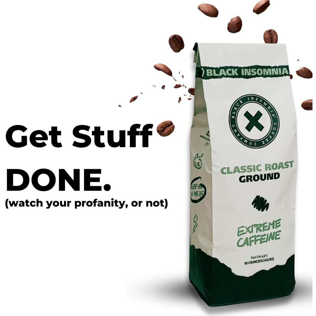 Black Insomnia Extreme Caffeine Coffee - World's Strongest Highly Caffeinated Coffee - Classic Roast Ground - 1Lb