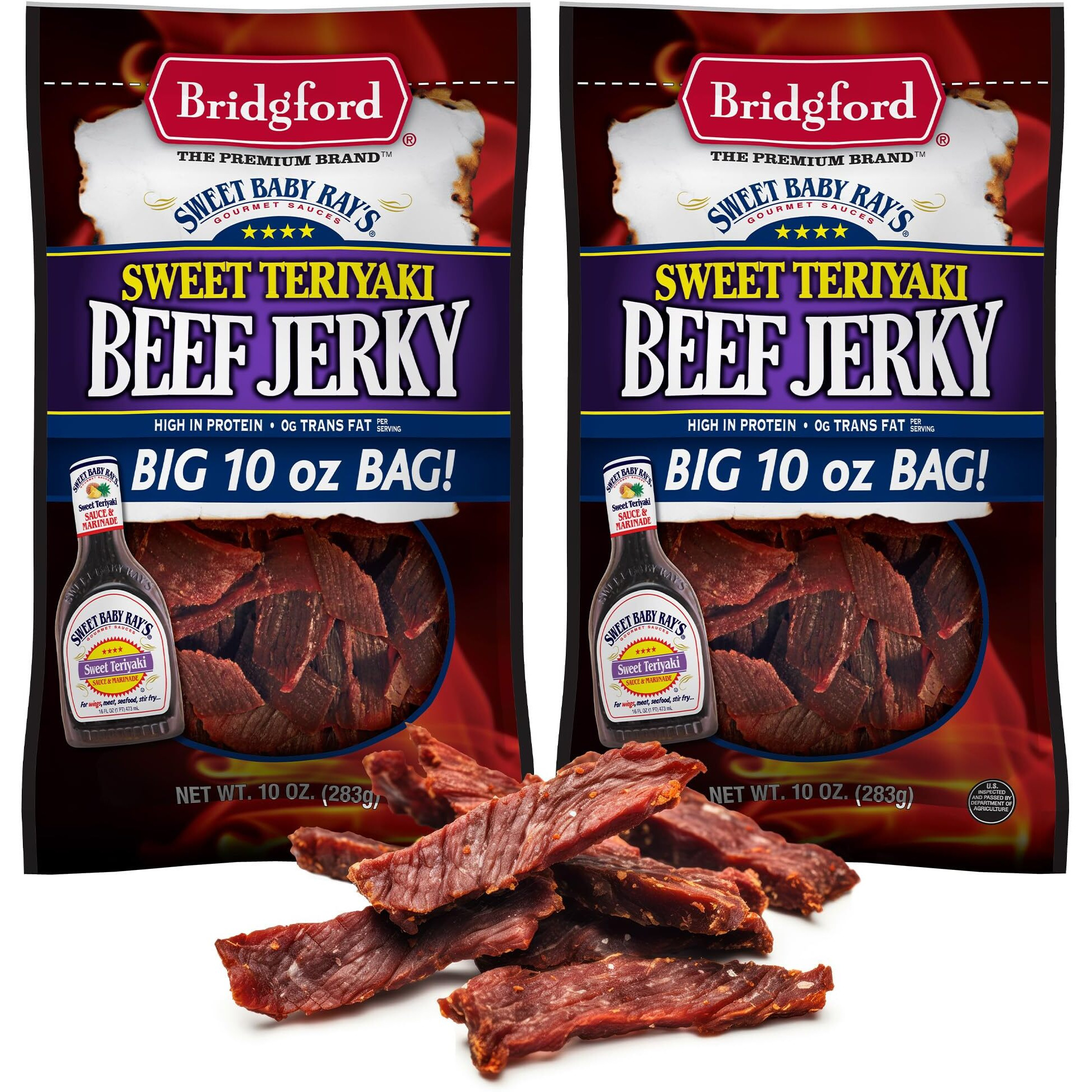 Bridgford Sweet Baby Rays Beef Jerky Sweet Teriyaki 10 Oz Pack Of 2 - High Protein Beef Jerky For Low Carb And High Protein Diets - Beef Jerky Teriyaki For On The Go Snacking And Busy Lifestyles