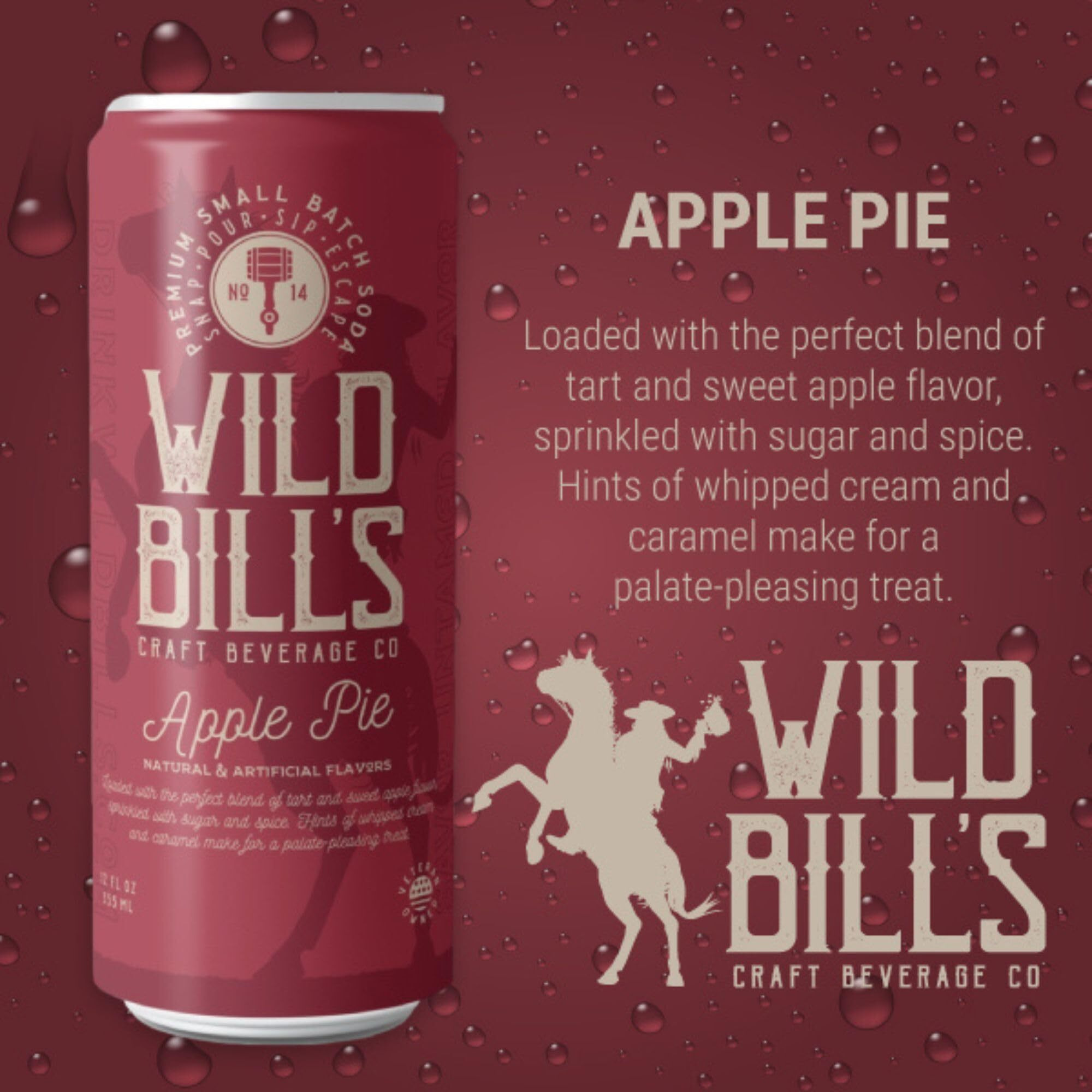 Wild Bill's Apple Pie Soda Classic Craft Soda Pop Soft Drinks, Sodas Made With Pure Cane Sugar, Caffeine Free, No High Fructose Corn Syrup, Gluten Free, Vegan, Low Sodium, 12 Oz 12 Pack