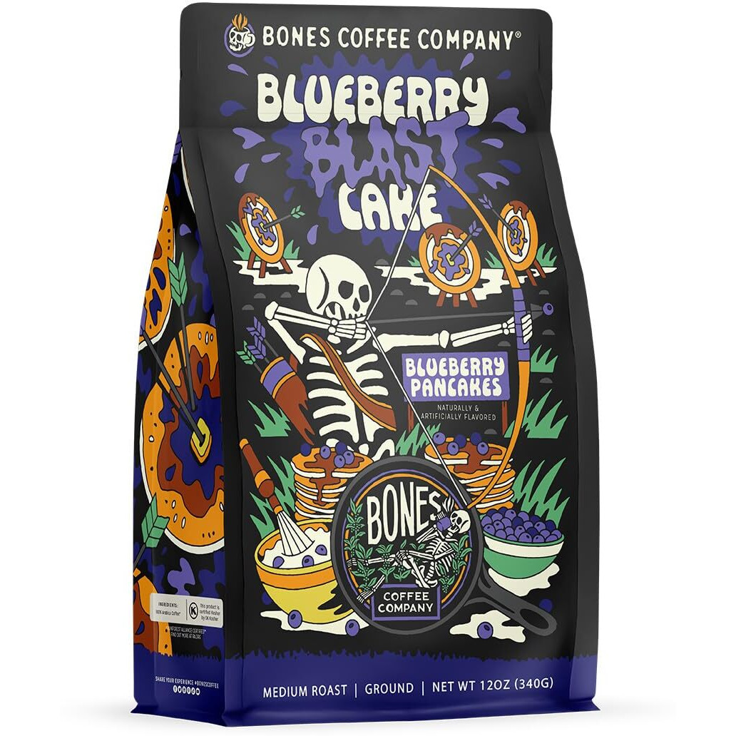 Bones Coffee Company Blueberry Blast Cake Whole Coffee Beans Blueberry Pancakes Flavor | 12 Oz Flavored Coffee Gifts Low Acid Medium Roast Gourmet Coffee (Whole Bean)