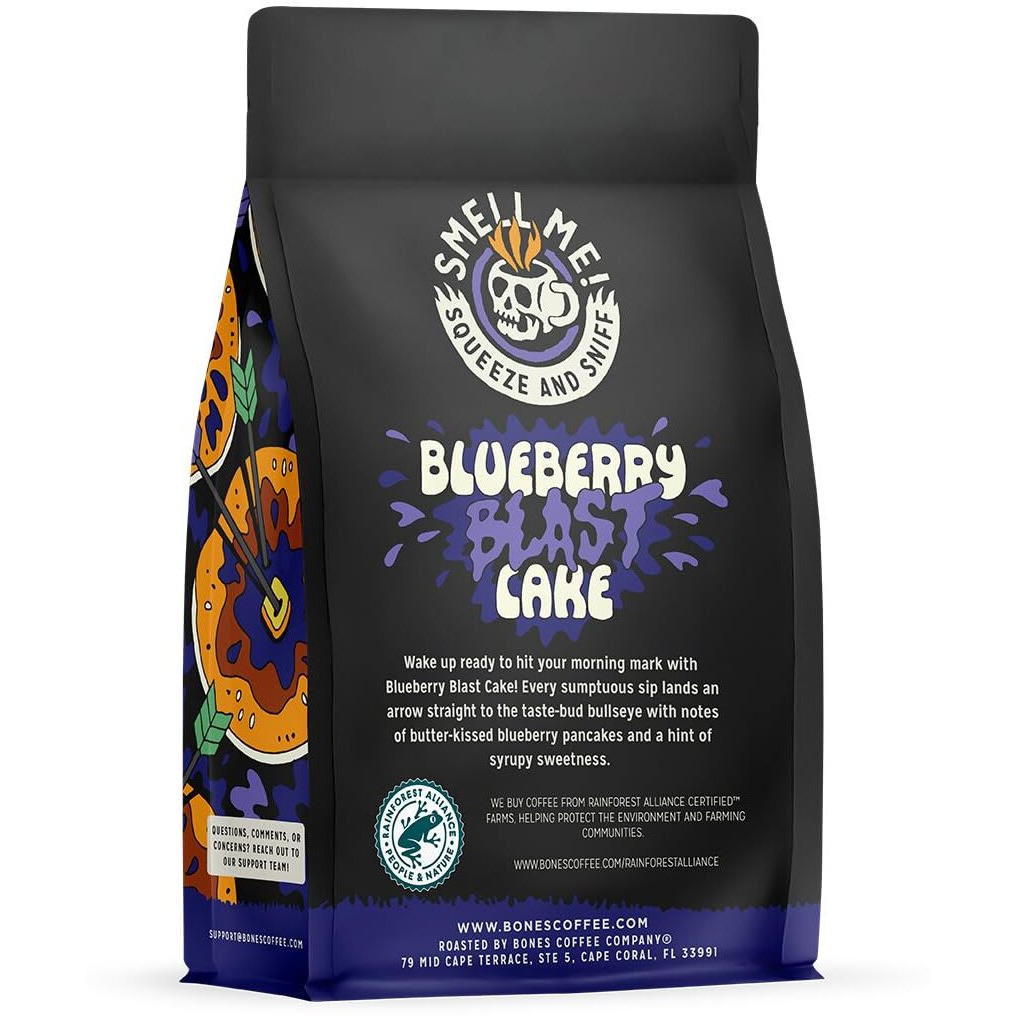 Bones Coffee Company Blueberry Blast Cake Whole Coffee Beans Blueberry Pancakes Flavor | 12 Oz Flavored Coffee Gifts Low Acid Medium Roast Gourmet Coffee (Whole Bean)