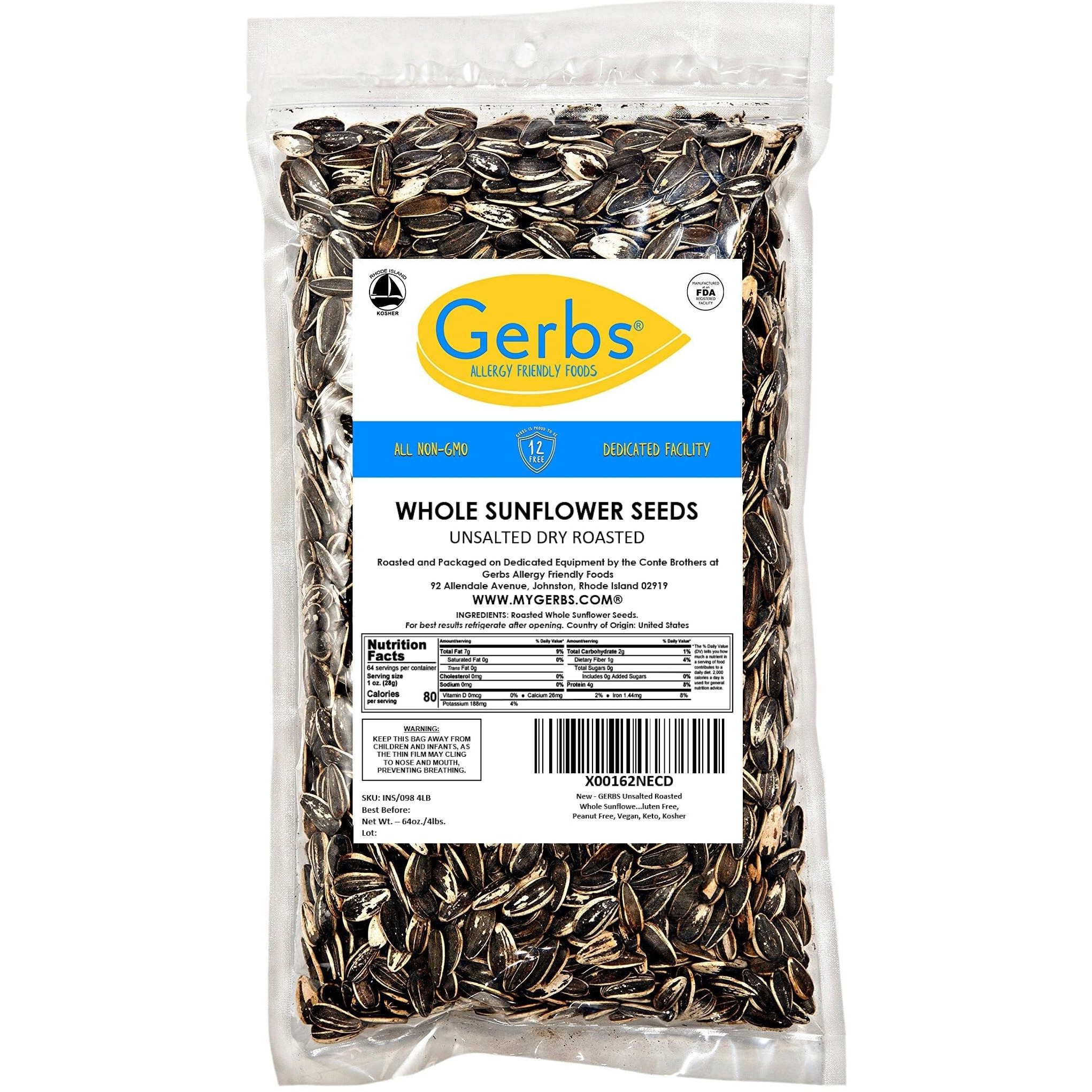 Unsalted Sunflower Seeds In Shell By Gerbs - 4 Lbs - Top 11 Food Allergen Free & Non Gmo - Premium Dry Roasted Whole Sunflower Seed - Cog Usa