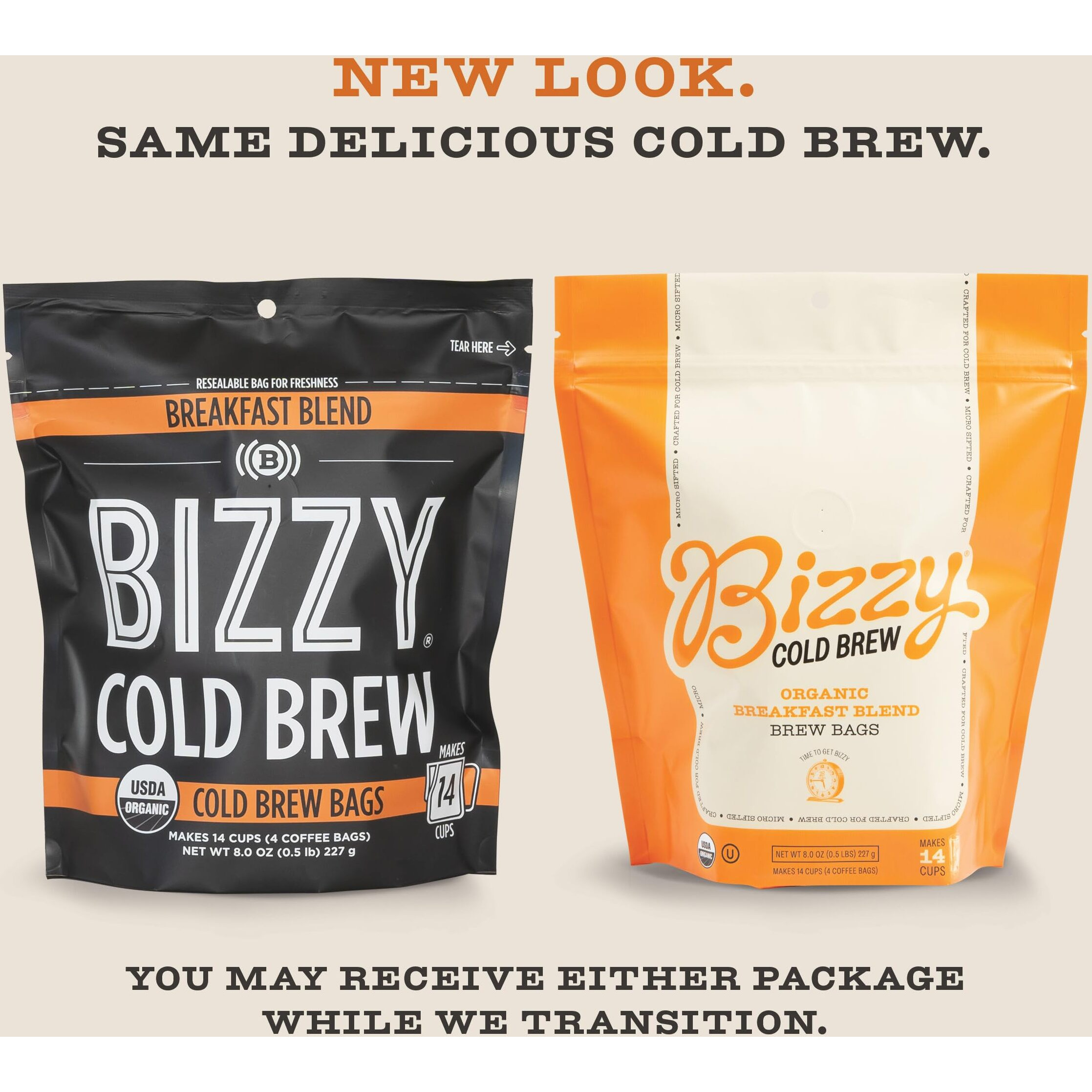 Bizzy Organic Cold Brew Coffee | Breakfast Blend | Coarse Ground Coffee | Medium-Light Roast | Micro Sifted | Specialty Grade | 100% Arabica | Brew Bags | 4 Count | Makes 14 Cups
