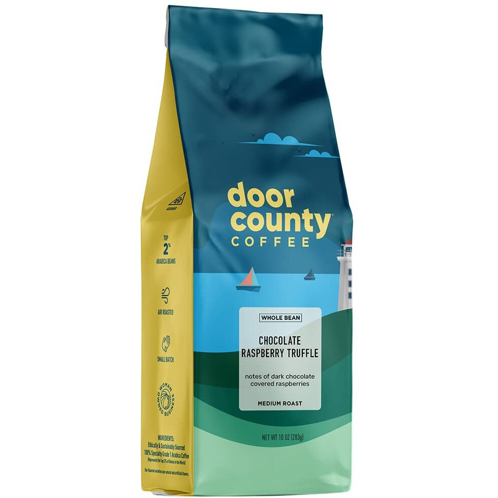 Door County Coffee Chocolate Raspberry Truffle Flavored Coffee Whole Bean | 10 Oz Bag | Medium Roast | 100% Specialty Arabica Coffee | Flavored Gourmet Coffee | Chocolate Raspberry Truffle