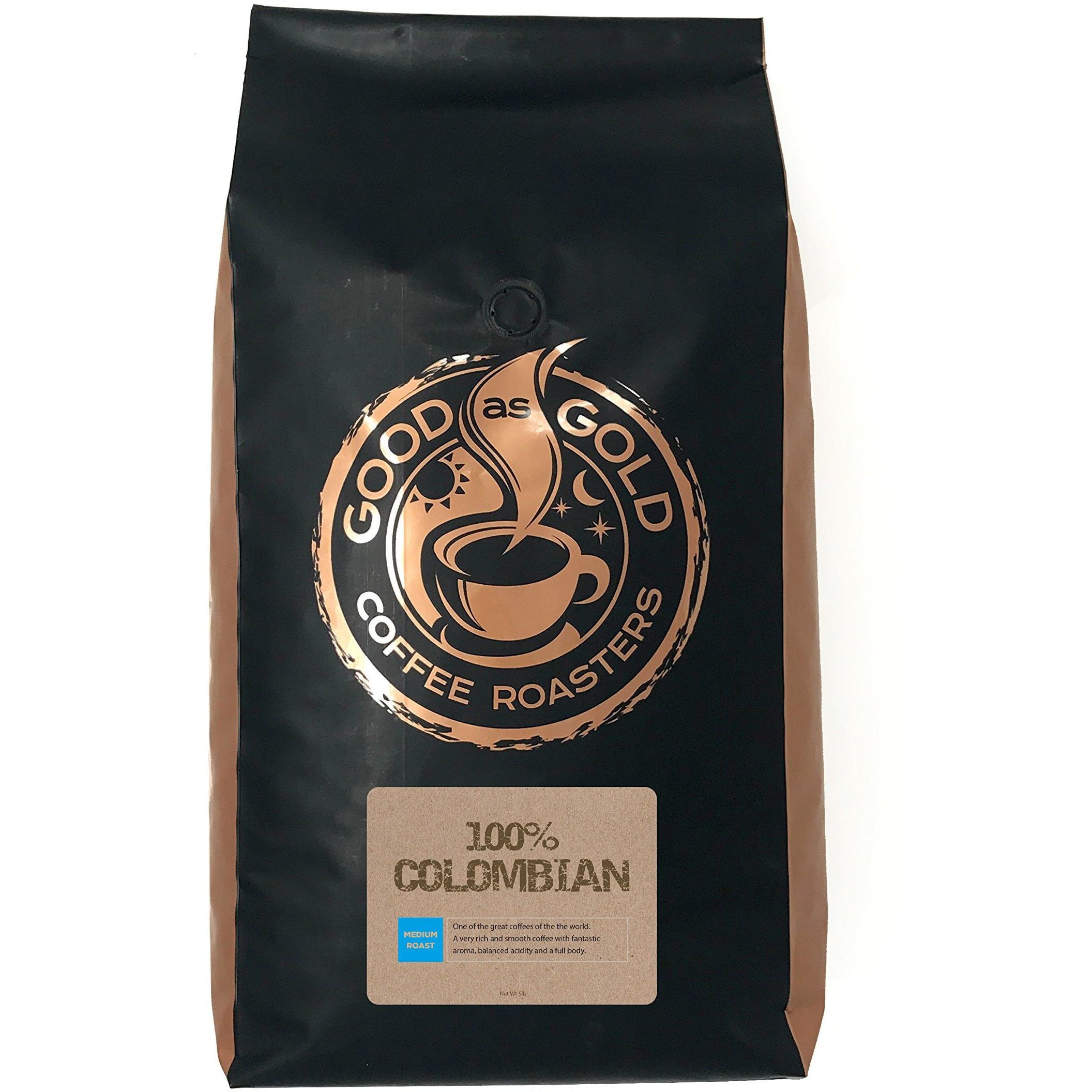 Colombian Supremo Coffee, Medium Roast, 5 Pound Bag, Whole Bean - Good As Gold Coffee Roasters