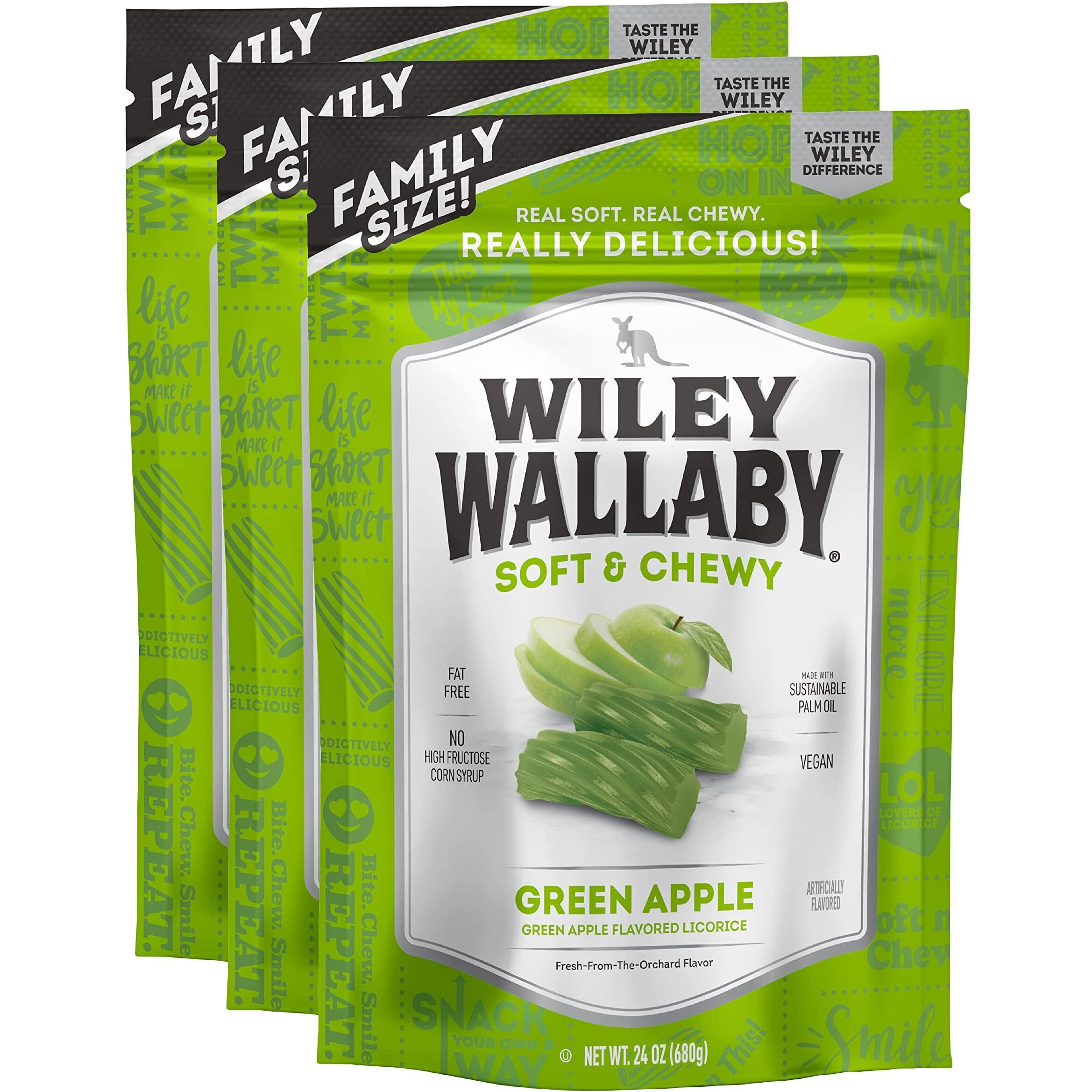 Wiley Wallaby Licorice 24 Ounce Classic Gourmet Soft & Chewy Australian Green Apple Licorice Candy Twists, 3 Pack